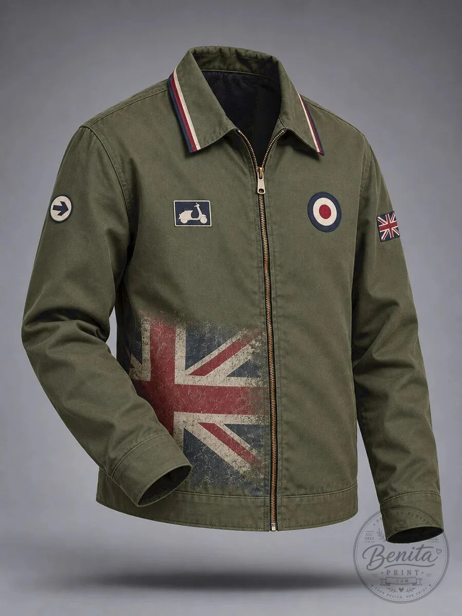 British Mod Scooter Culture Union Jack Flag Olive Green Zip-Up Jacket