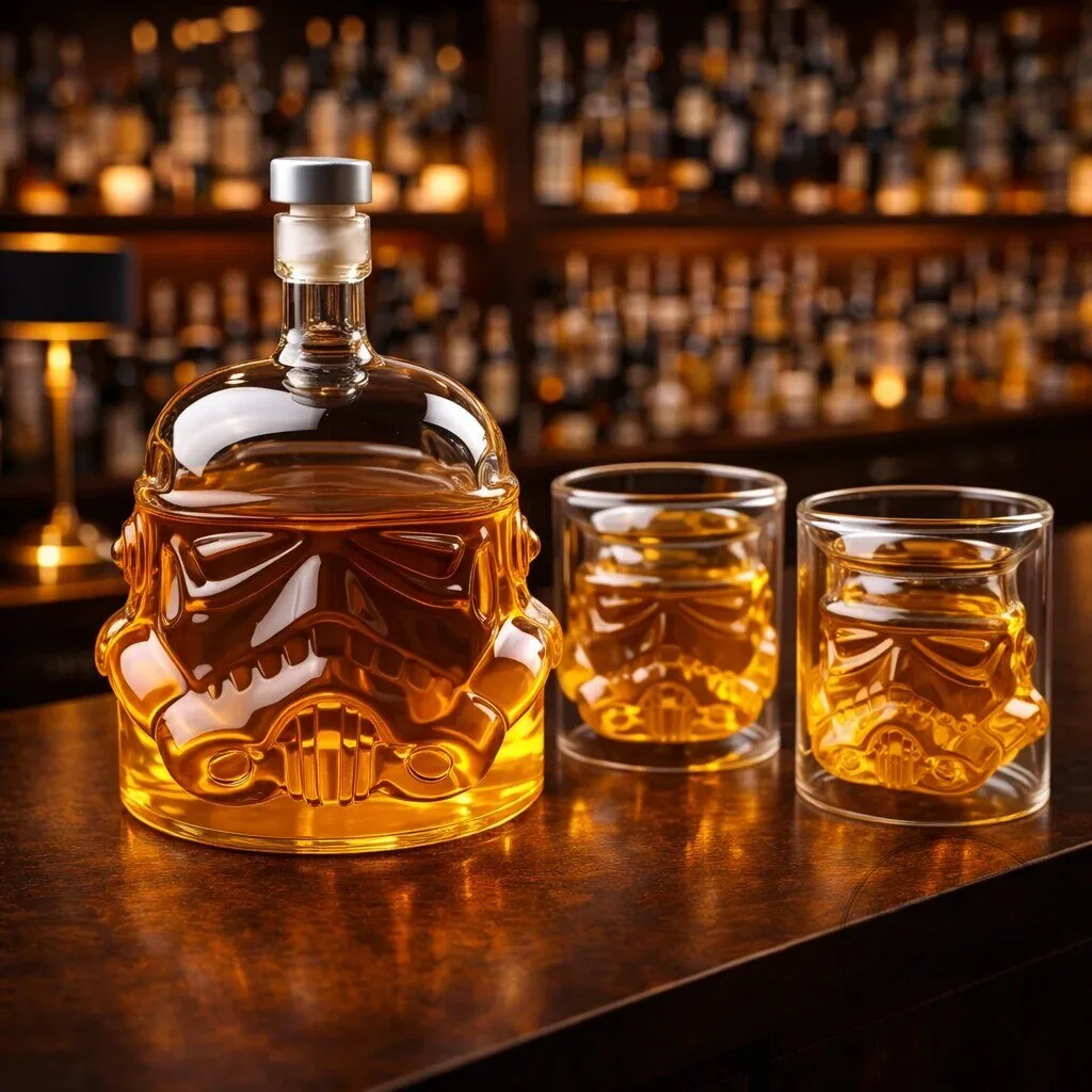 Star Wars Stormtrooper Helmet Whiskey Decanter and Drinking Glasses Set 4 Star Wars Stormtrooper Helmet Whiskey Decanter and Drinking Glasses Set