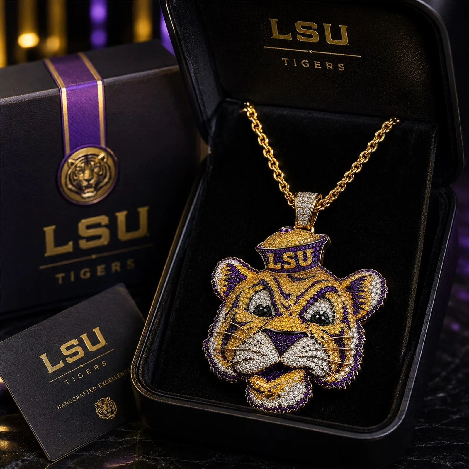 Louisiana State University Tigers Mascot Gold Diamond Pendant Necklace 4 Louisiana State University Tigers Mascot Gold Diamond Pendant Necklace