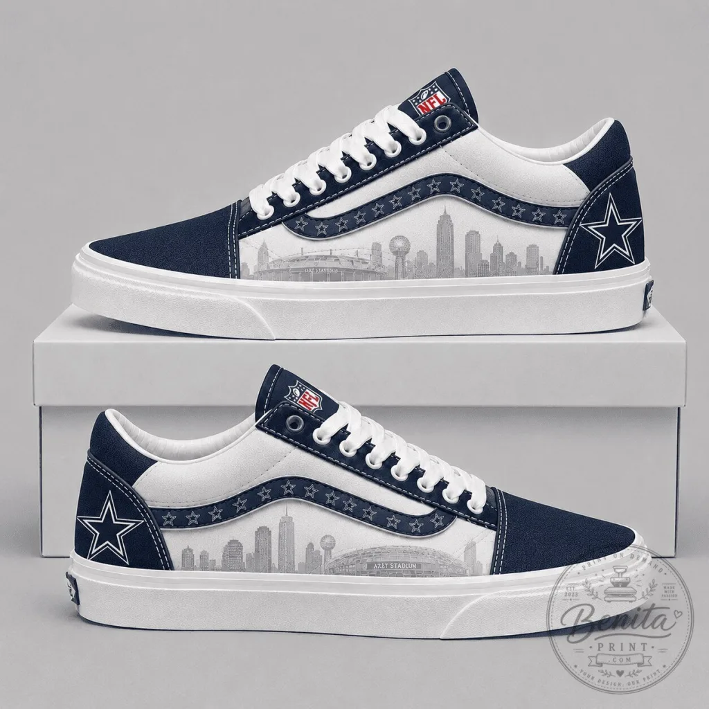 Dallas Cowboys NFL Team Logo Star Cityscape White Blue Sneakers Shoes Dallas Cowboys NFL Team Logo Star Cityscape White Blue Sneakers Shoes