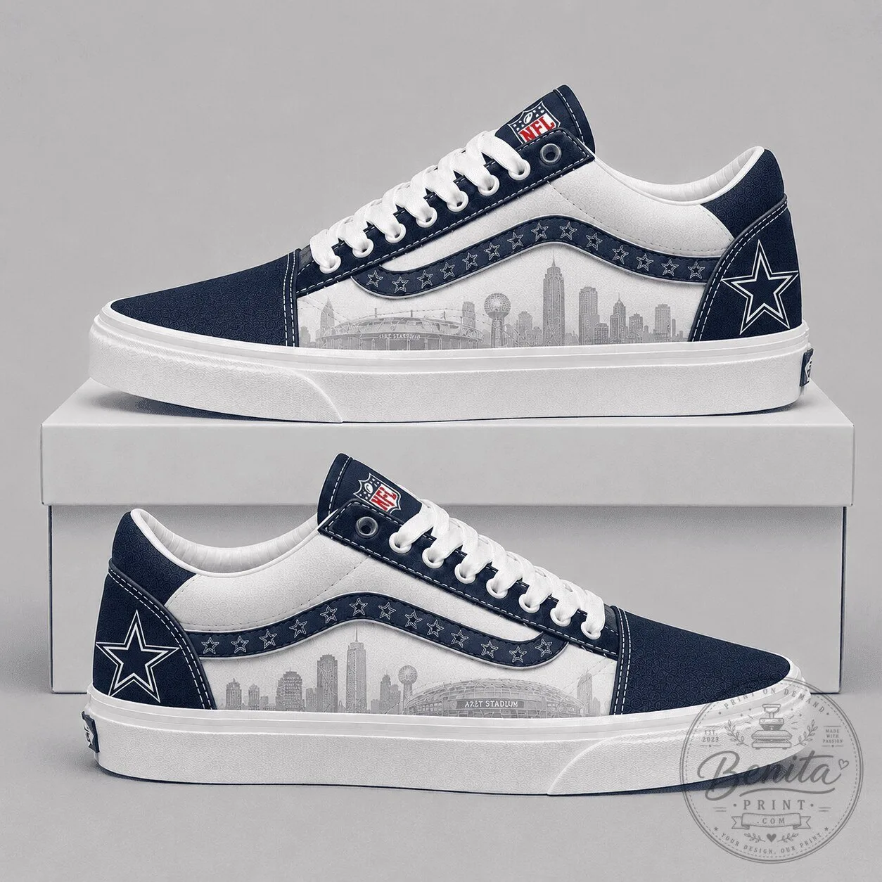 Dallas Cowboys NFL Team Logo Star Cityscape White Blue Sneakers Shoes 5 Dallas Cowboys NFL Team Logo Star Cityscape White Blue Sneakers Shoes