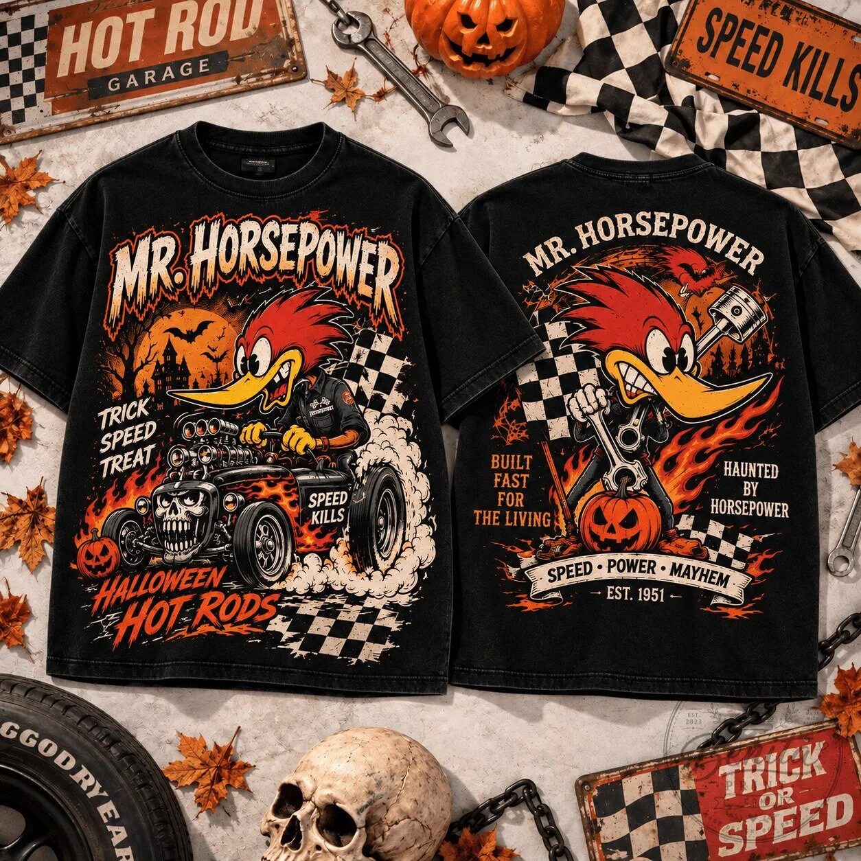 Mr Horsepower Halloween Hot Rods Vintage Racing Graphic T-Shirt