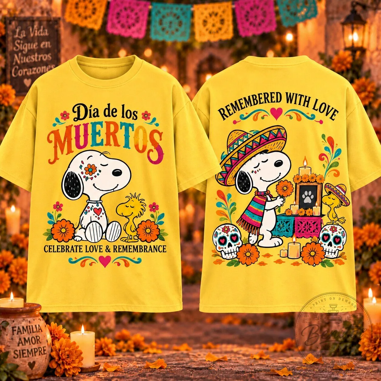 Snoopy Day of the Dead Remembered With Love Yellow T-Shirt
