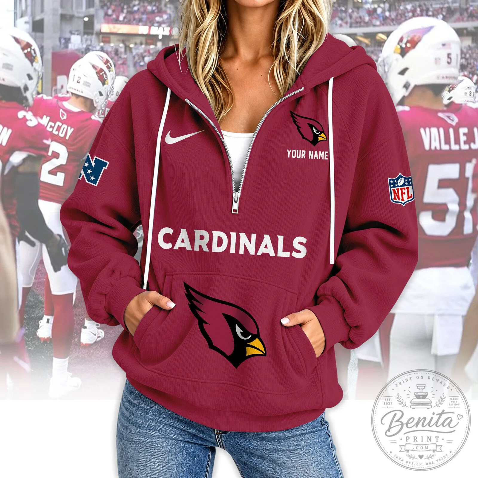 Arizona Cardinals National Football League Personalized Quarter Zip Hoodie