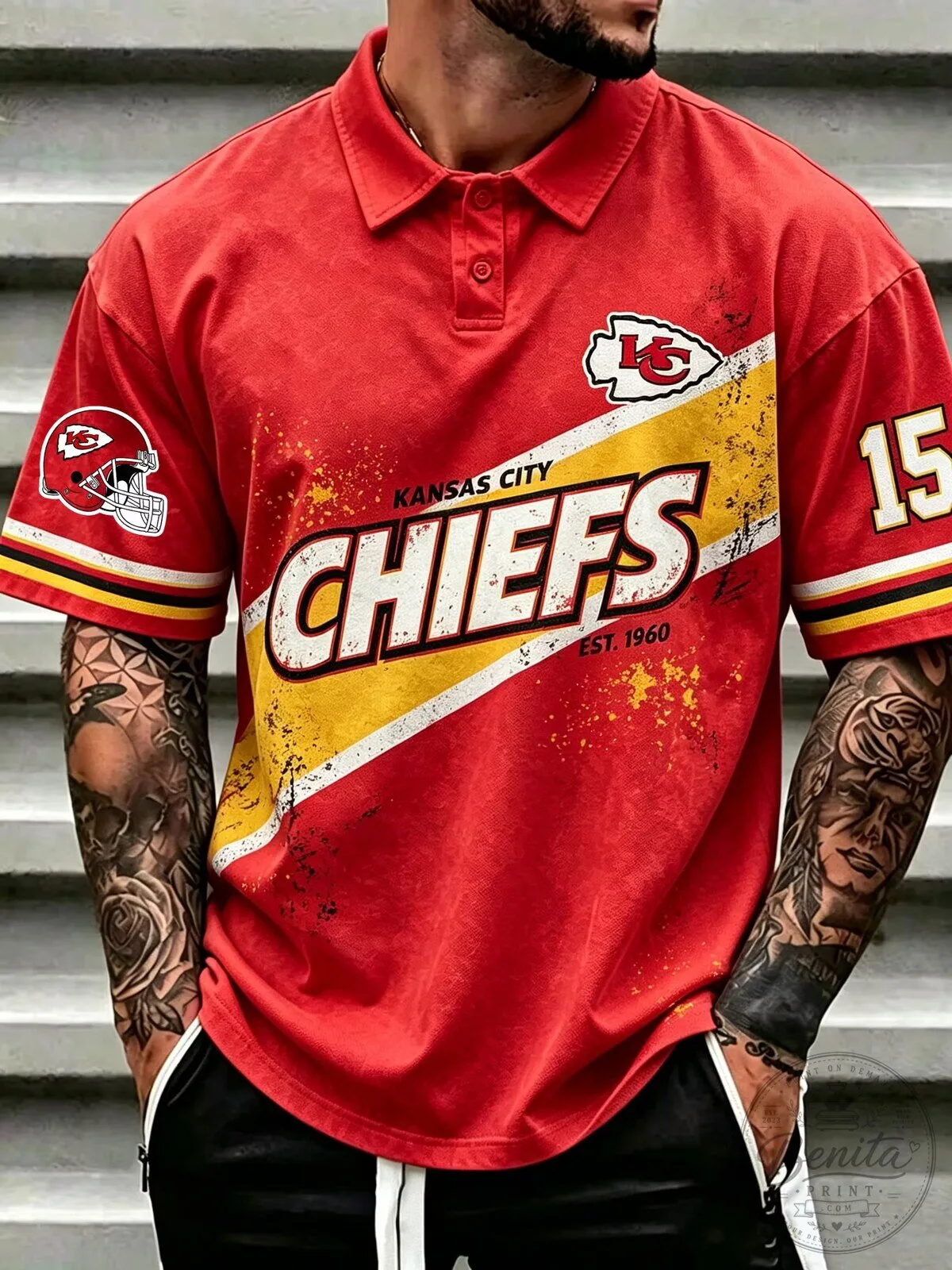 Kansas City Chiefs Football Team Red Distressed Polo Shirt