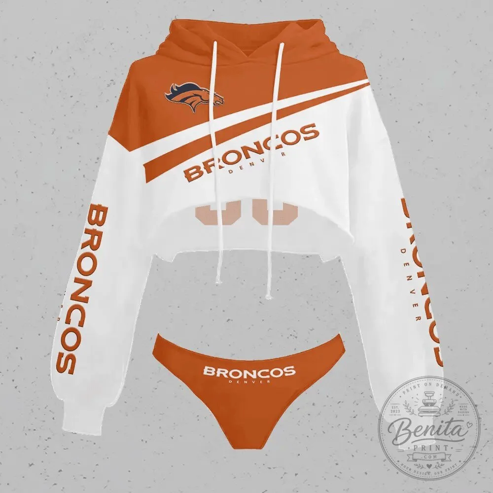 Denver Broncos Women's Orange and White Cropped Hoodie
