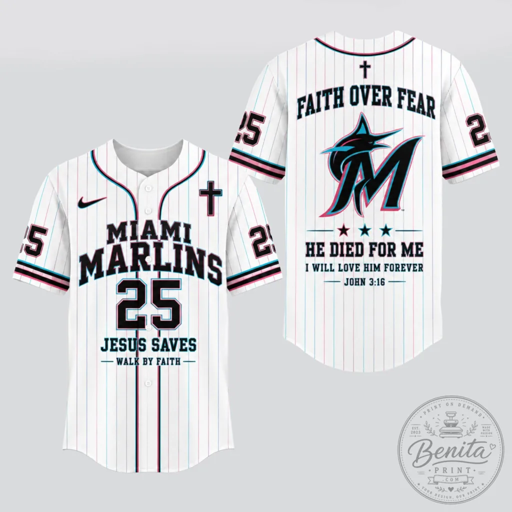 Miami Marlins Baseball Faith Over Fear Jesus Saves White Pinstripe Baseball Jersey