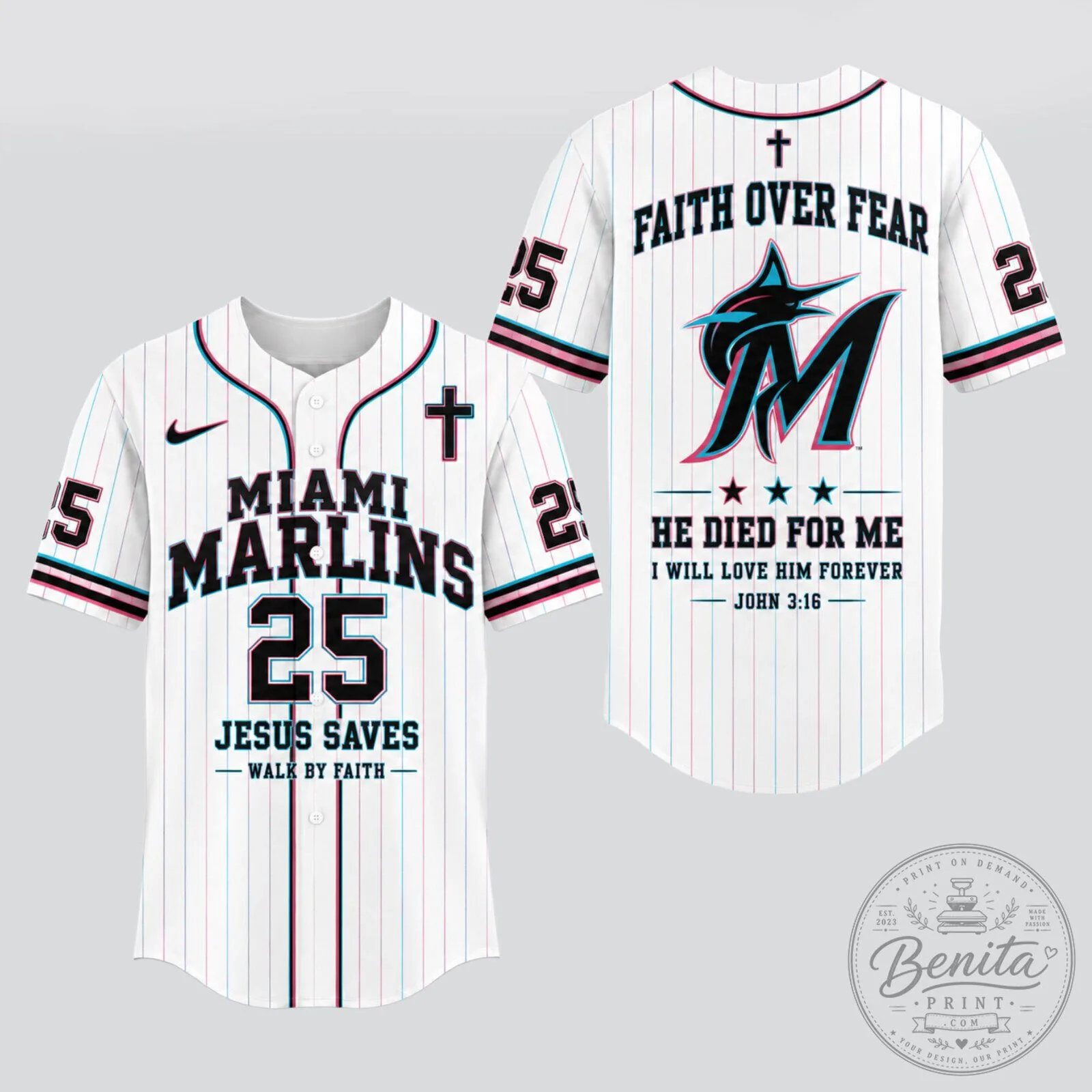 Miami Marlins Baseball Faith Over Fear Jesus Saves White Pinstripe Baseball Jersey