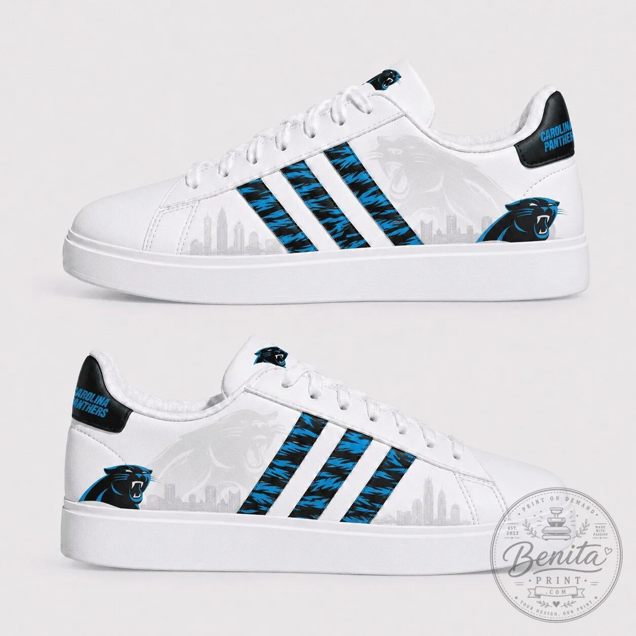 Carolina Panthers Team Logo White and Blue Stripe Sneakers Shoes