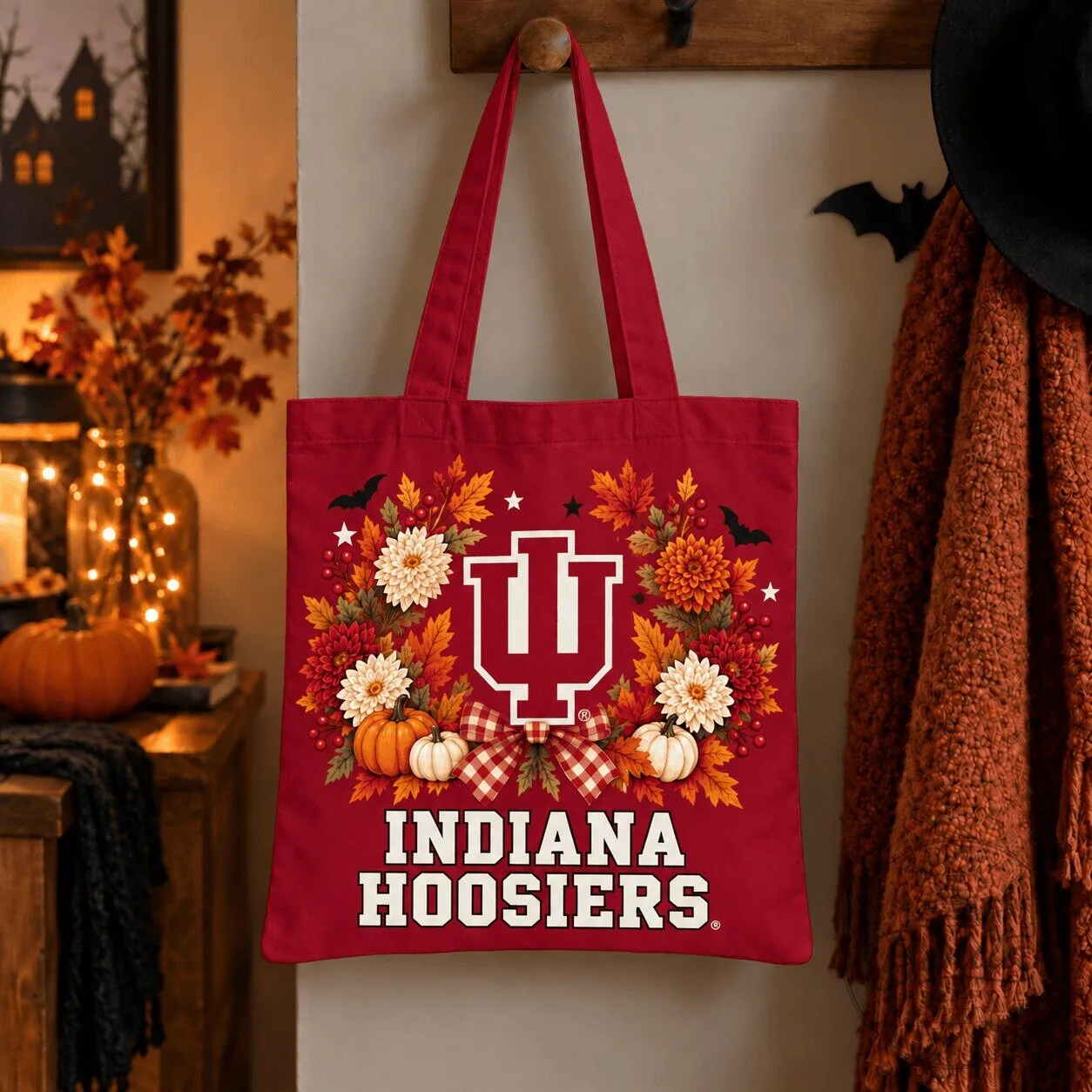 Indiana Hoosiers Halloween Floral Wreath Fall Season Tote Bag