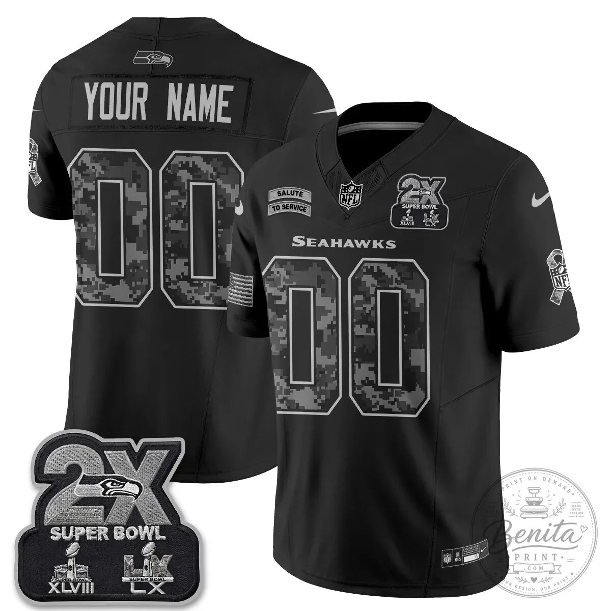 Seattle Seahawks Salute to Service Black Custom Football Jersey