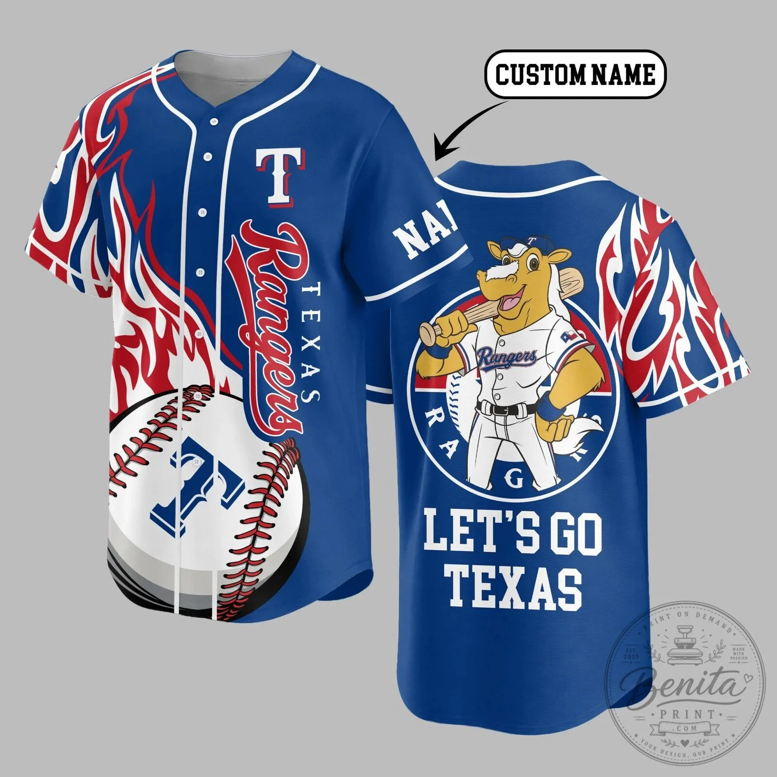 Texas Rangers Baseball Team Custom Name Blue Flame Baseball Jersey