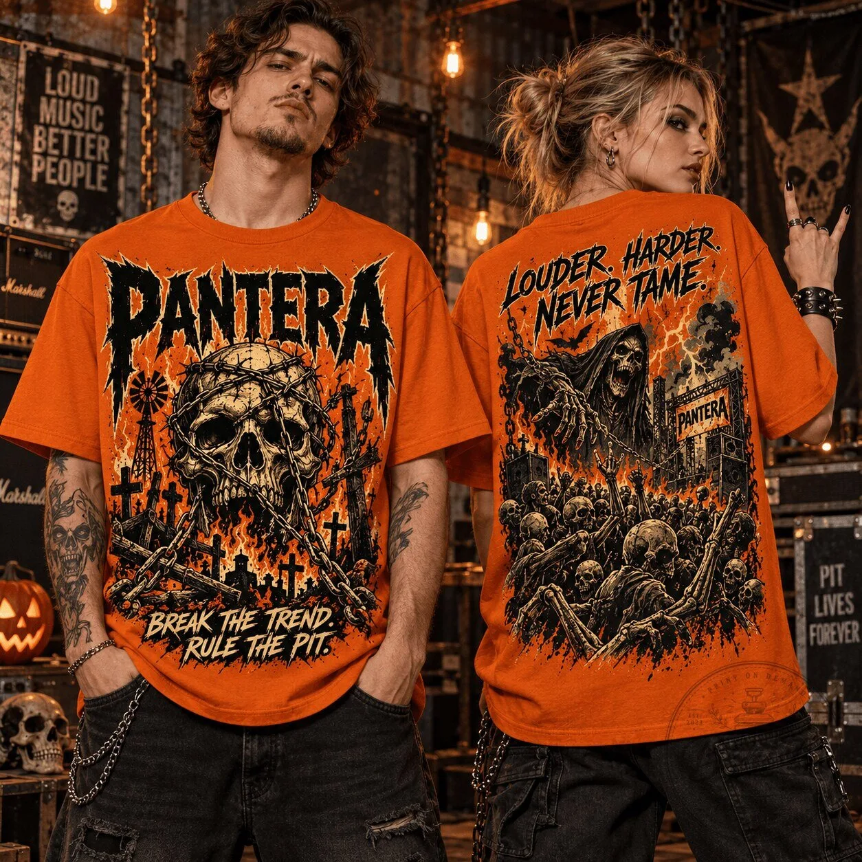 Pantera Louder Harder Never Tame Heavy Metal Skull Graveyard Halloween T-Shirt
