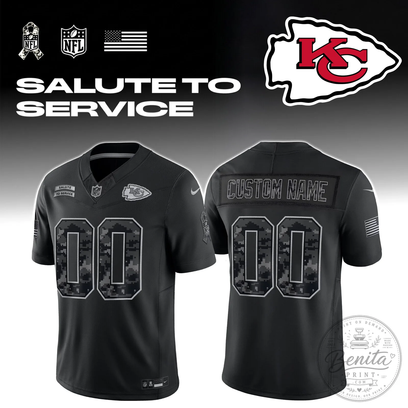 Kansas City Chiefs Salute To Service Custom Name And Number Football Jersey