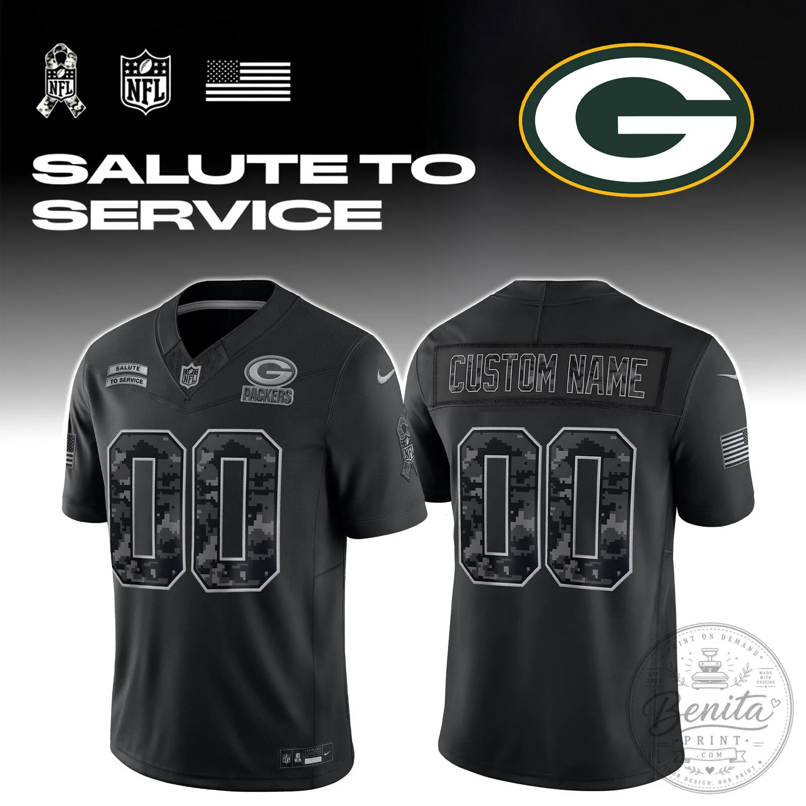 Green Bay Packers Salute To Service Custom Name And Number Football Jersey