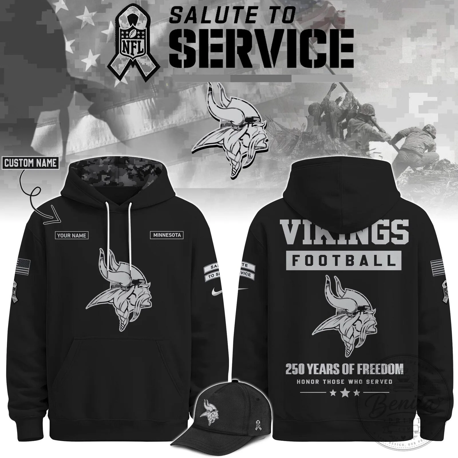 Minnesota Vikings Salute To Service 250 Years of Freedom Football Hoodie