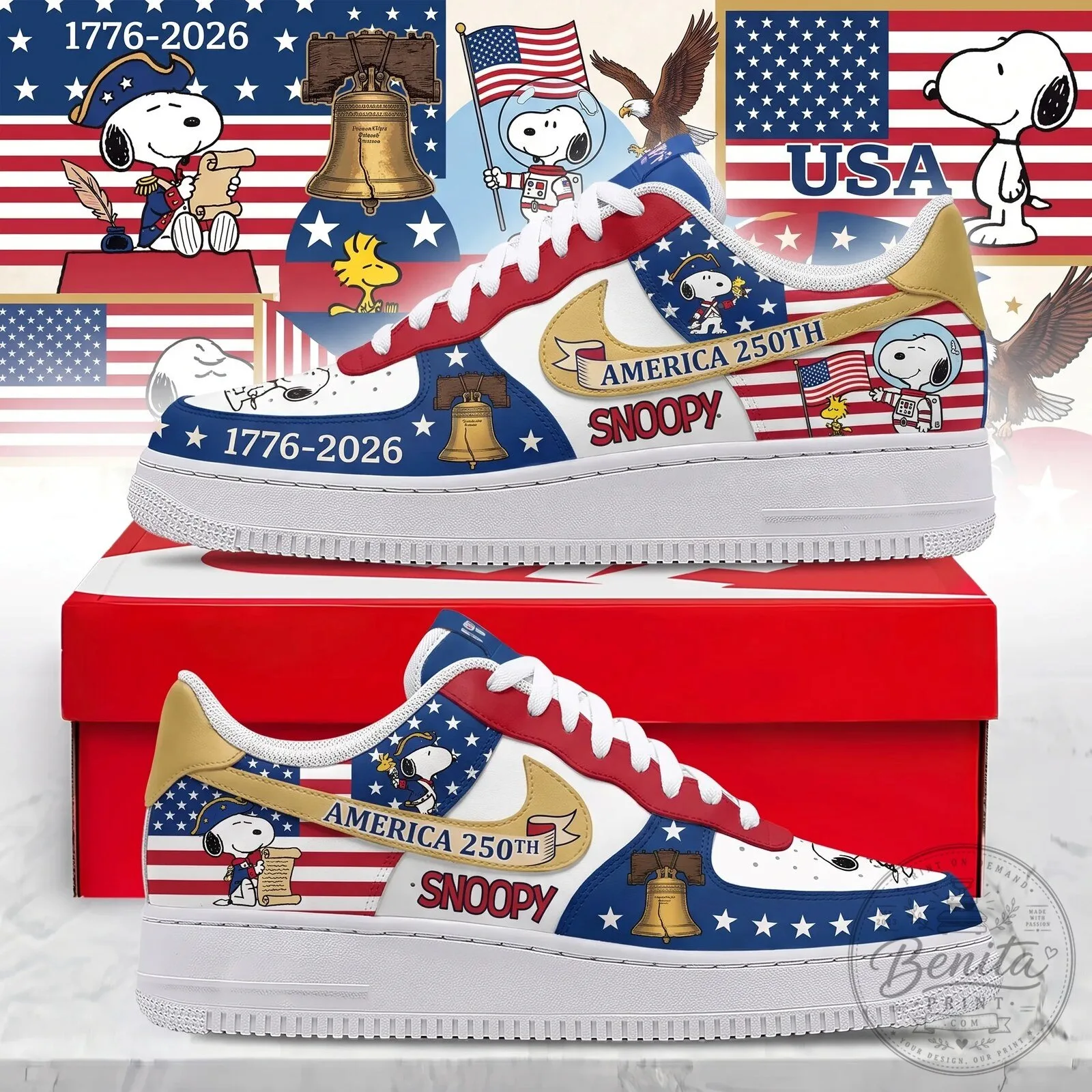 Low-Top Sneakers Celebrating Snoopy America's 250th Anniversary with Patriotic Design