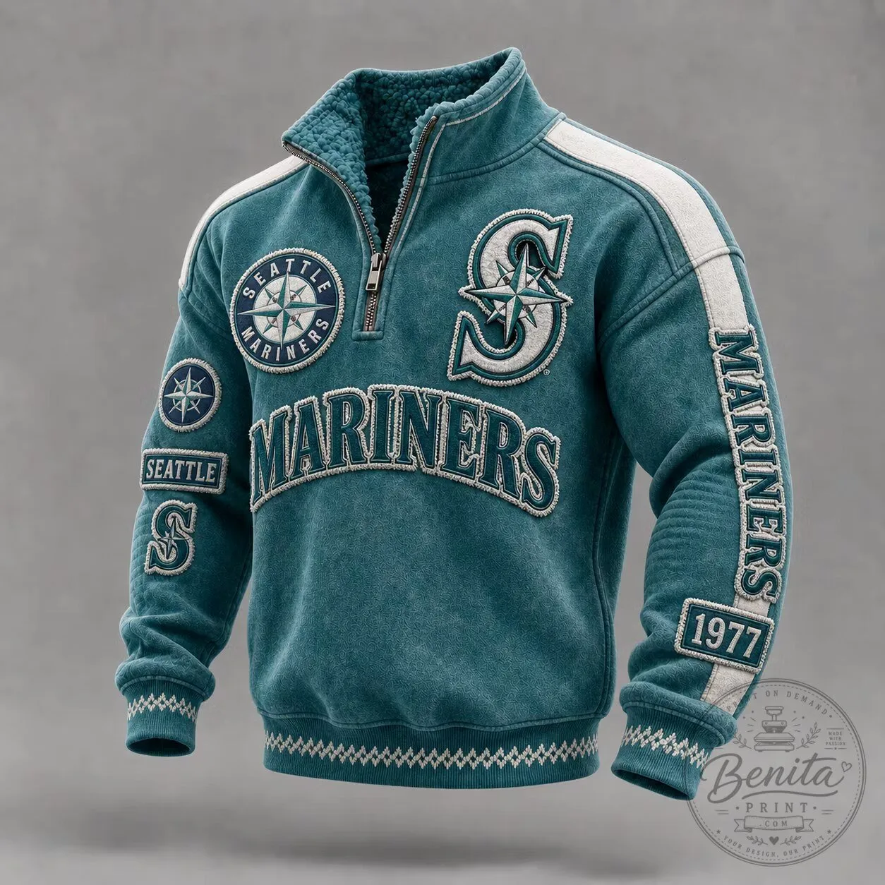 Seattle Mariners Teal Quarter-Zip Pullover Sweatshirt with Embroidered Patches