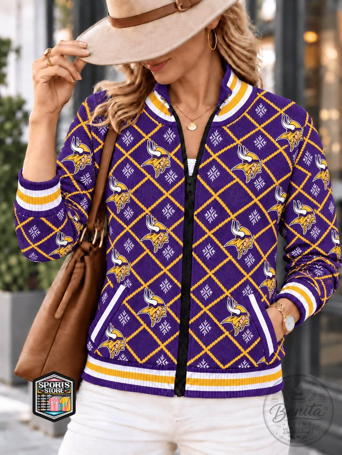 Minnesota Vikings Purple and Gold Diamond Pattern Zippered Jacket for Women 5 Minnesota Vikings Purple and Gold Diamond Pattern Zippered Jacket for Women