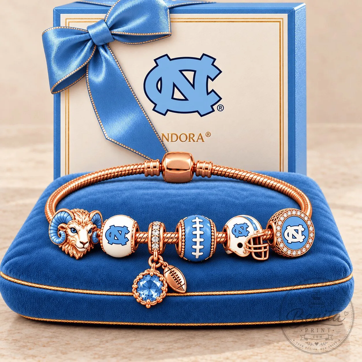 University of North Carolina Tar Heels Football Charm Bracelet