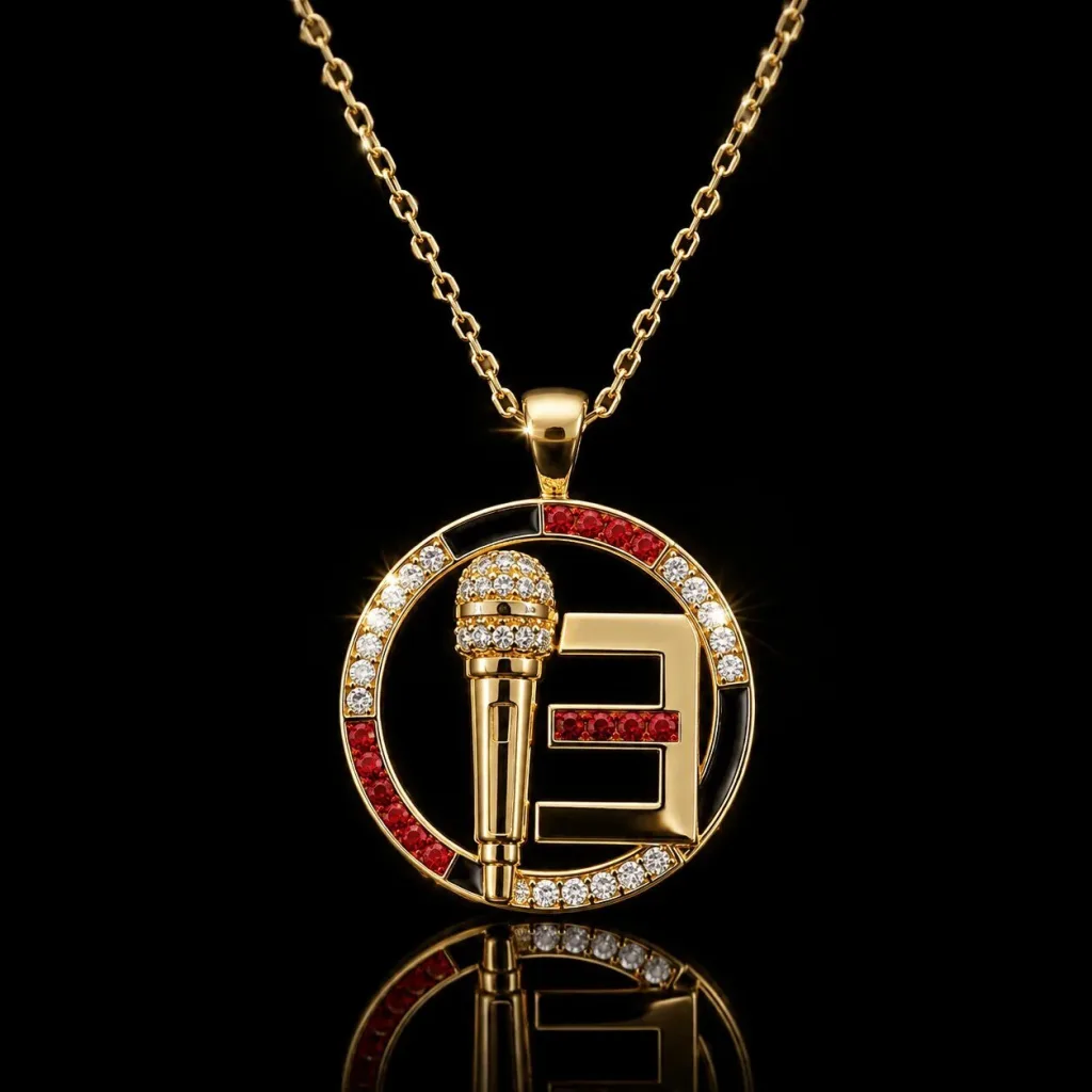 Eminem Gold Plated Microphone and Initial E Diamond Pendant Necklace Eminem Gold Plated Microphone and Initial E Diamond Pendant Necklace