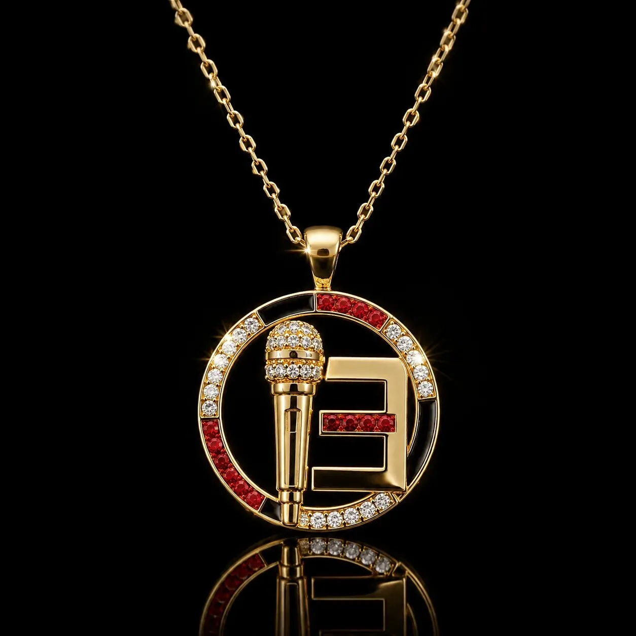 Eminem Gold Plated Microphone and Initial E Diamond Pendant Necklace