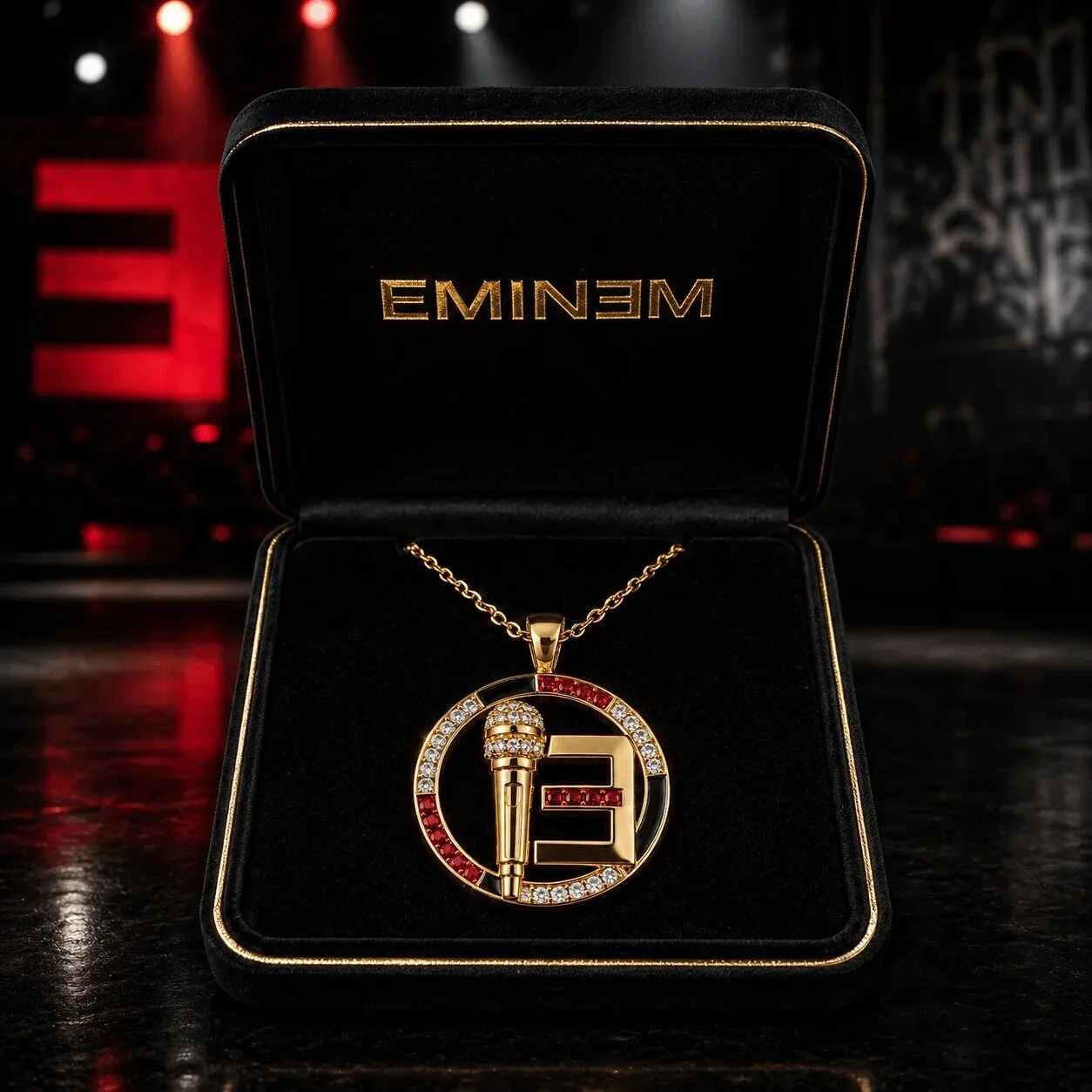 Eminem Gold Plated Microphone and Initial E Diamond Pendant Necklace 8 Eminem Gold Plated Microphone and Initial E Diamond Pendant Necklace