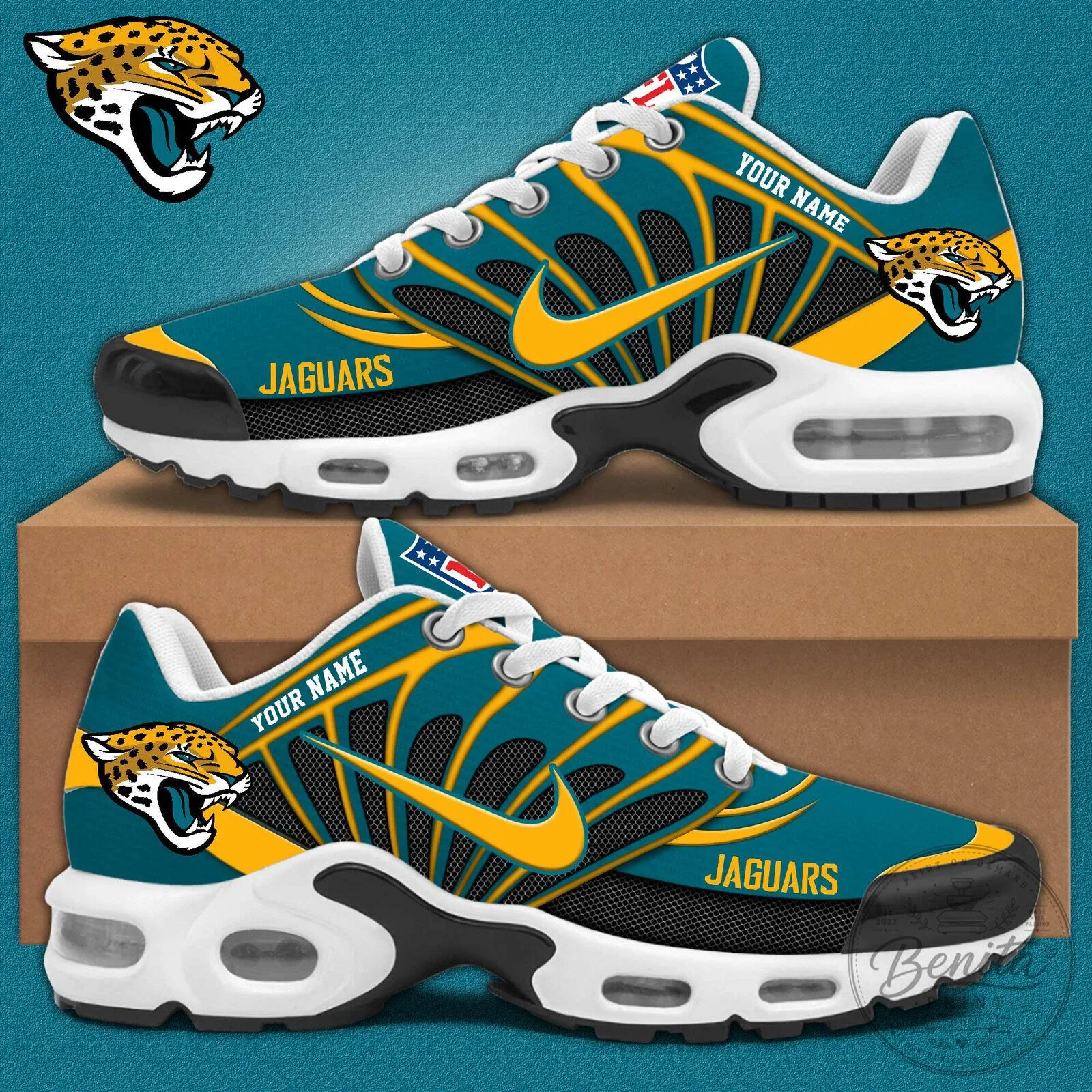 Jacksonville Jaguars Personalized Teal Gold Running Shoes