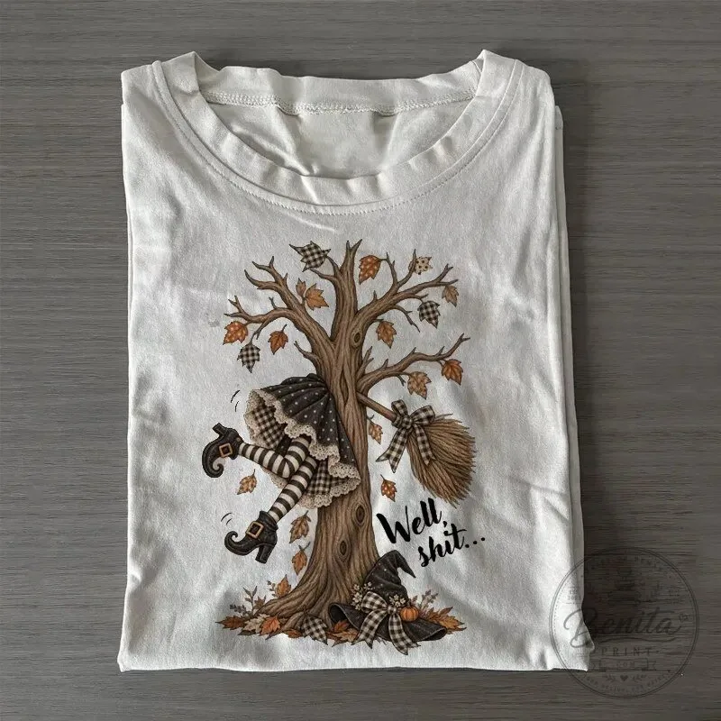 Well Shit Funny Witch Legs Upside Down Tree Halloween T-Shirt