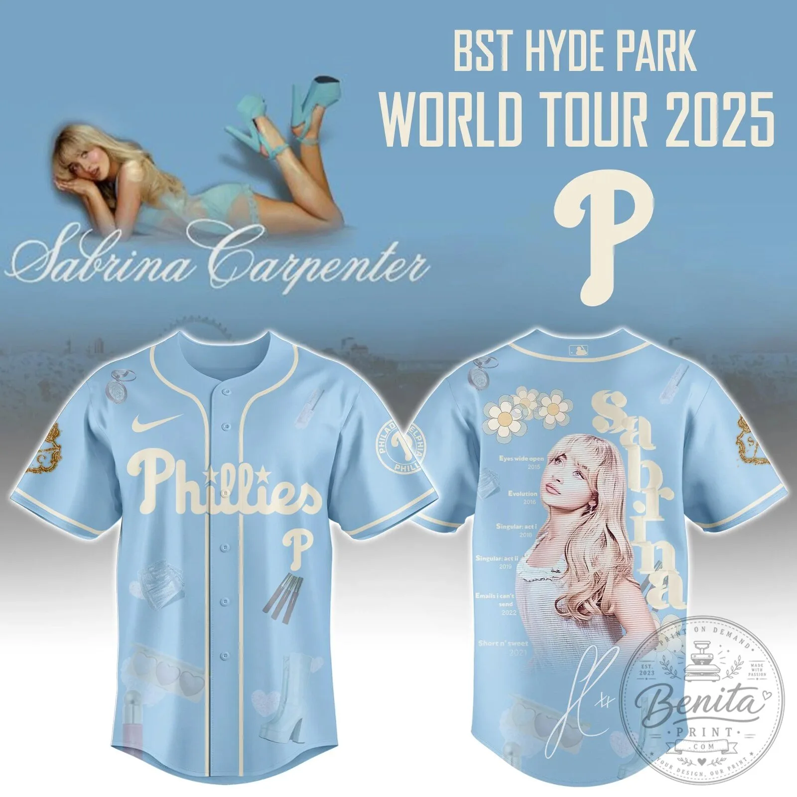 Sabrina Carpenter Phillies Baseball Jersey Short n' Sweet Tour 2025