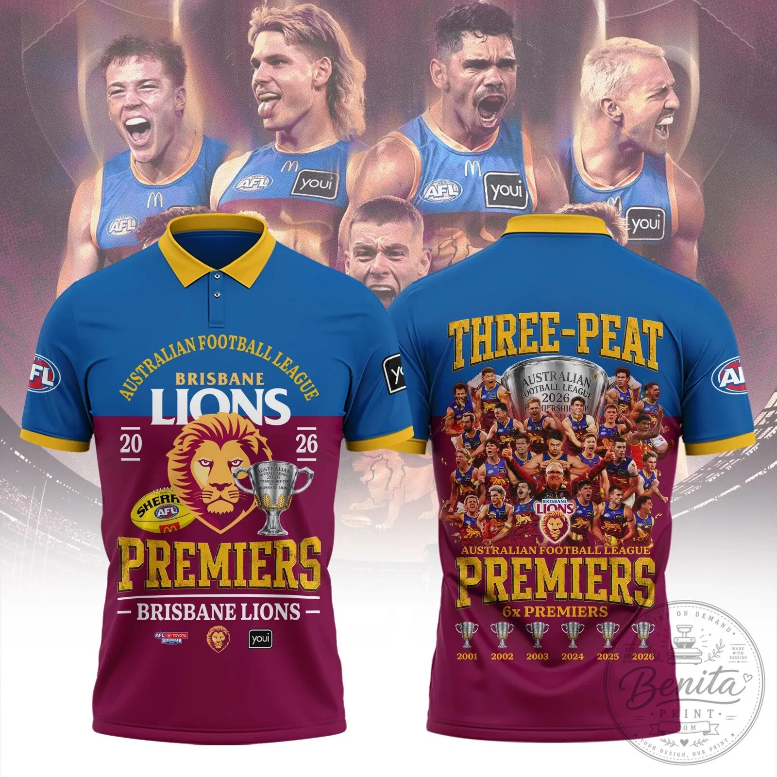 Australian Football League Premiers Three-Peat Polo Shirt - Brisbane Lions