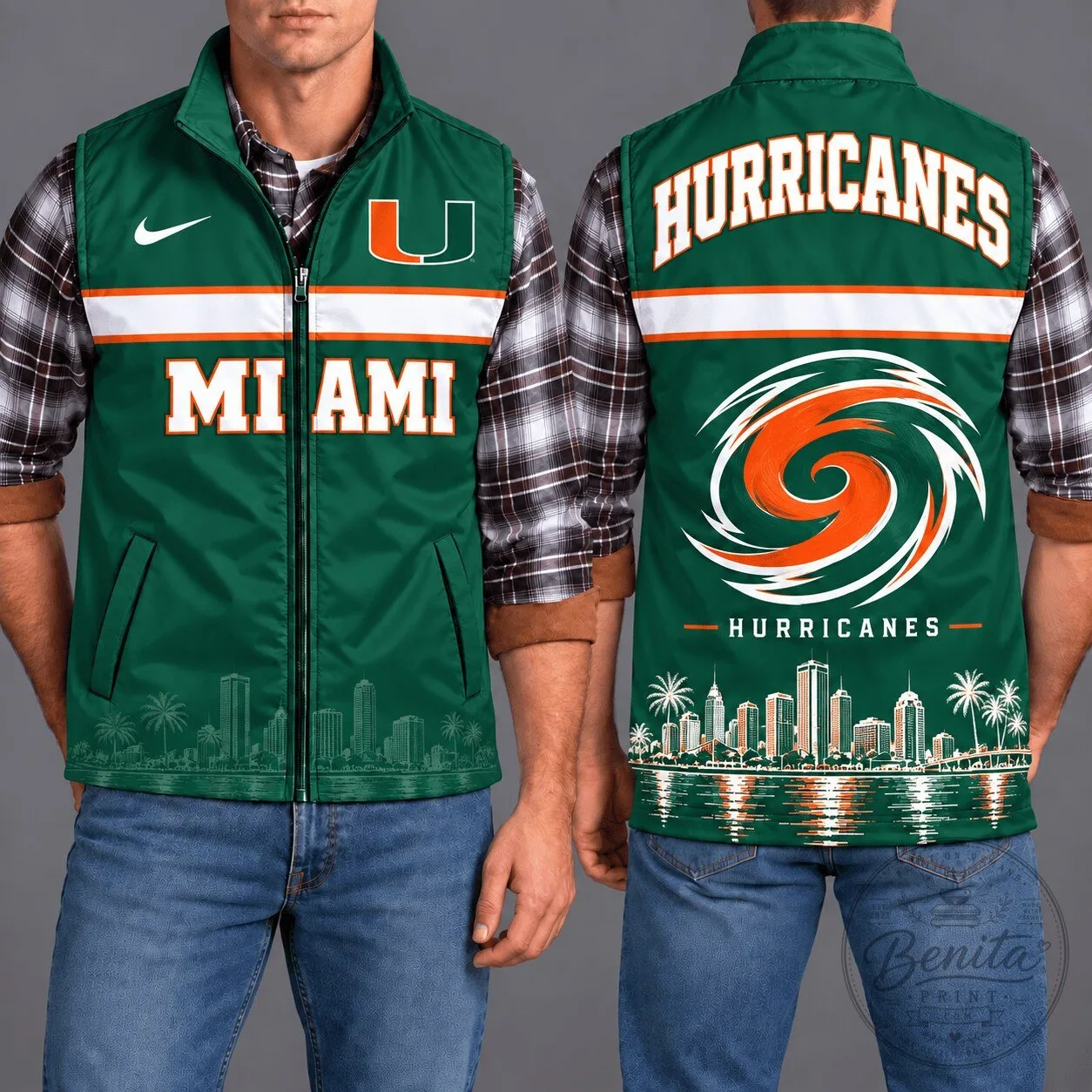 Miami Hurricanes NCAA Football Team Green Sleeveless Zip Vest Jacket