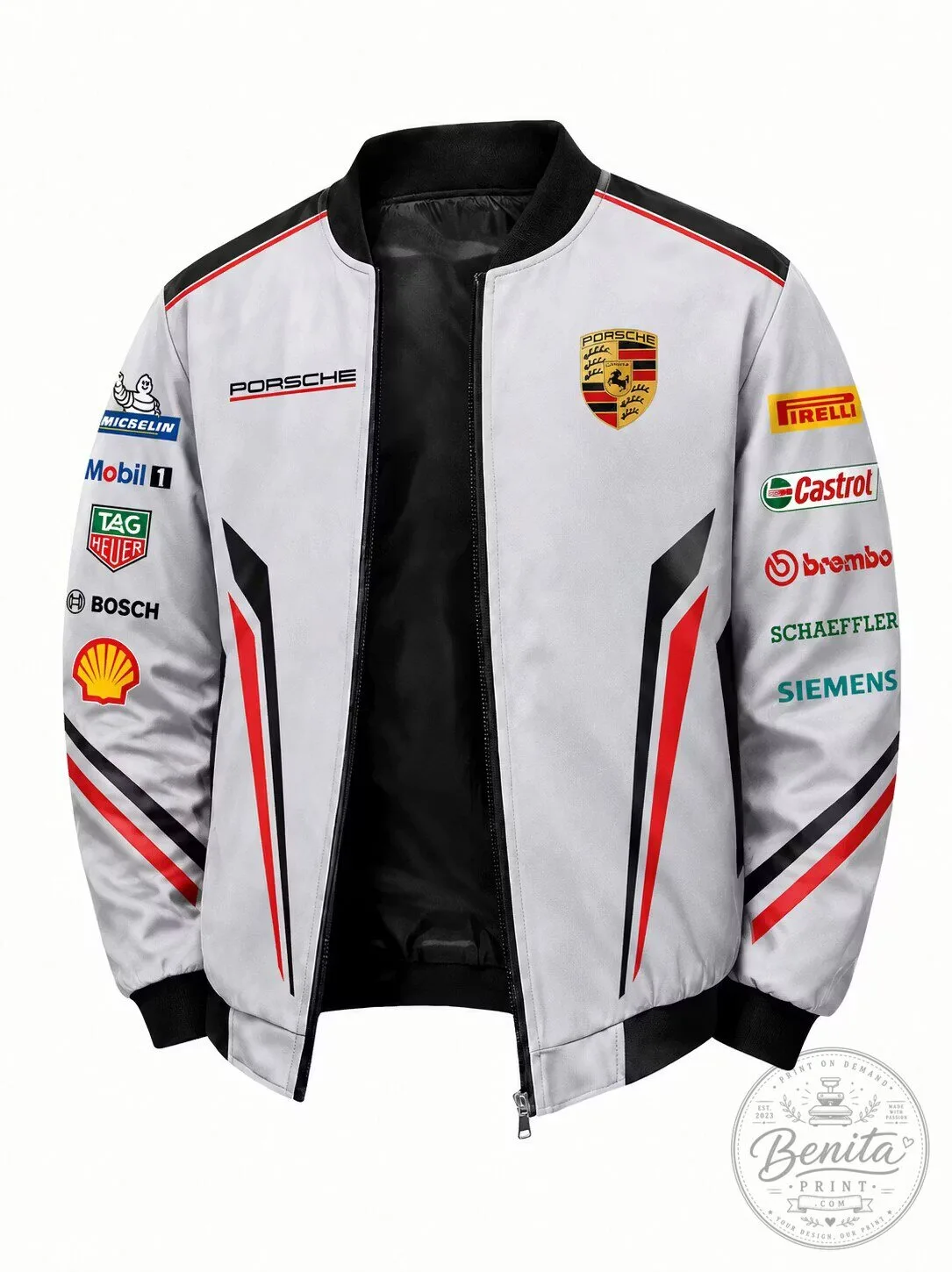 Porsche Racing Team Bomber Jacket with Sponsor Logos and Striped Trim
