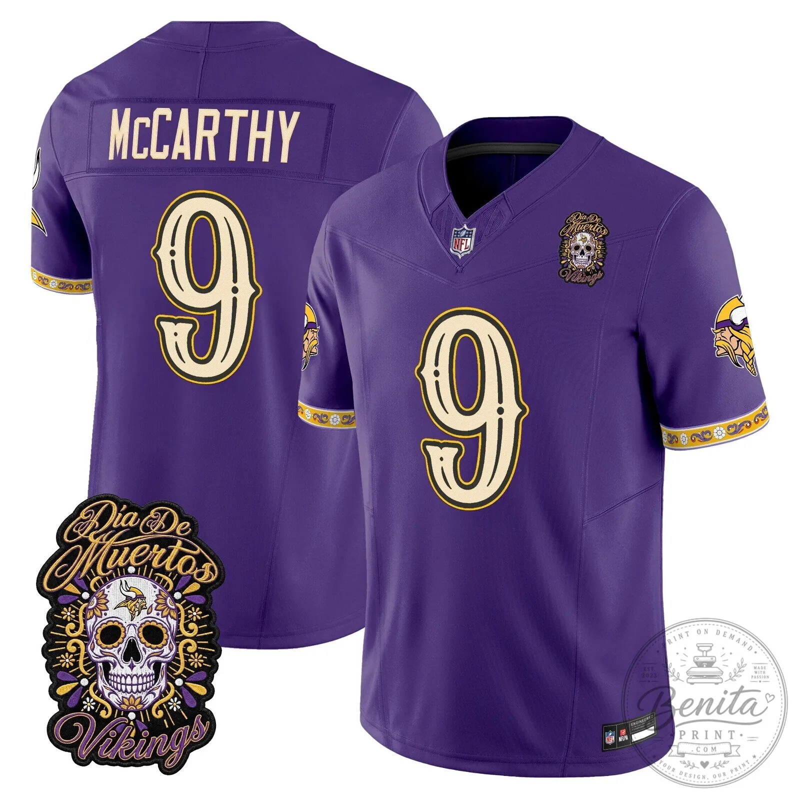 Minnesota Vikings Dia de los Muertos Football Jersey with McCarthy Number 9