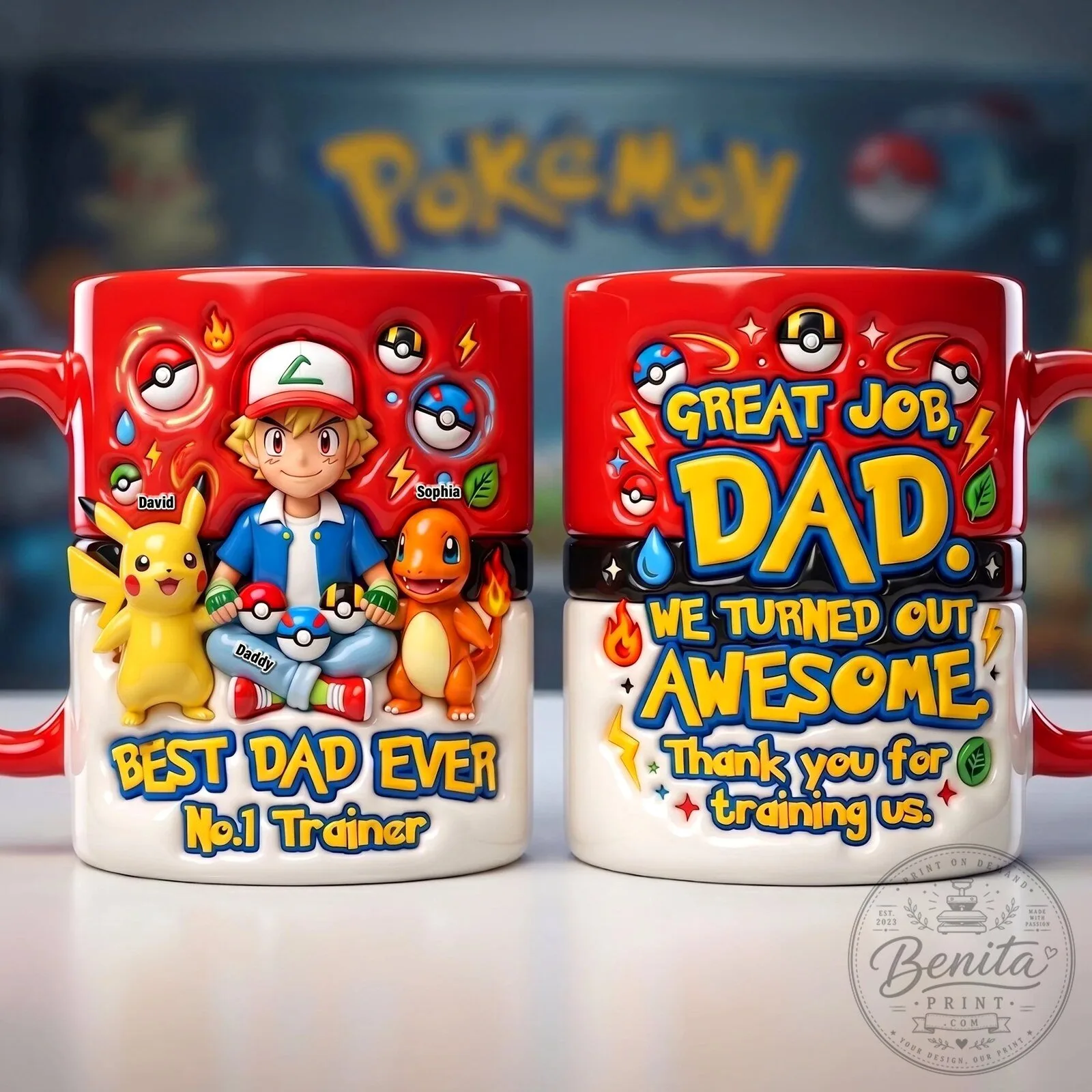 Pokemon Best Dad Ever Number One Trainer Red Accent Mug