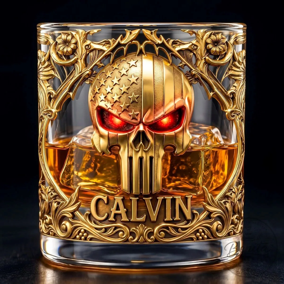 Punisher Skull American Flag Gold Whiskey Glass with Custom Name Calvin