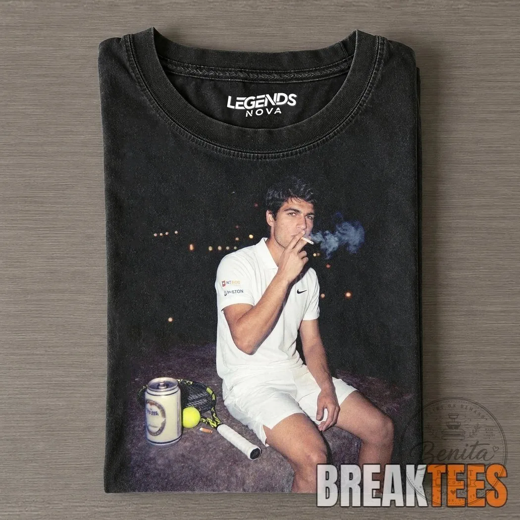 Black Graphic T-Shirt featuring Carlos Alcaraz, the Smoking Tennis Player