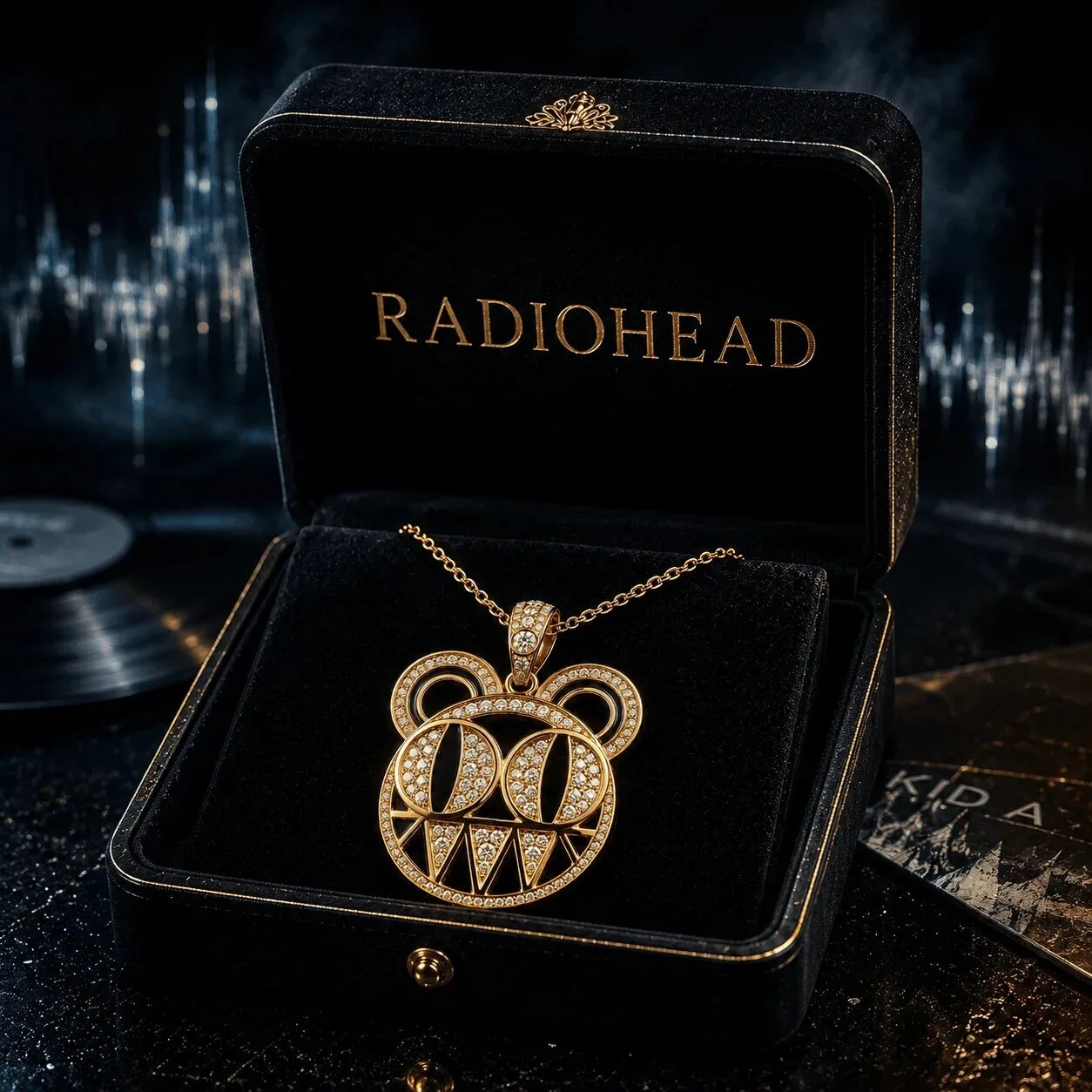 Gold Diamond Pendant Necklace featuring Radiohead Bear Logo for Music Enthusiasts