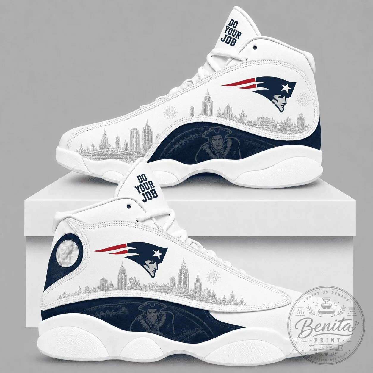 New England Patriots Team Logo and Cityscape Design High Top Sneakers