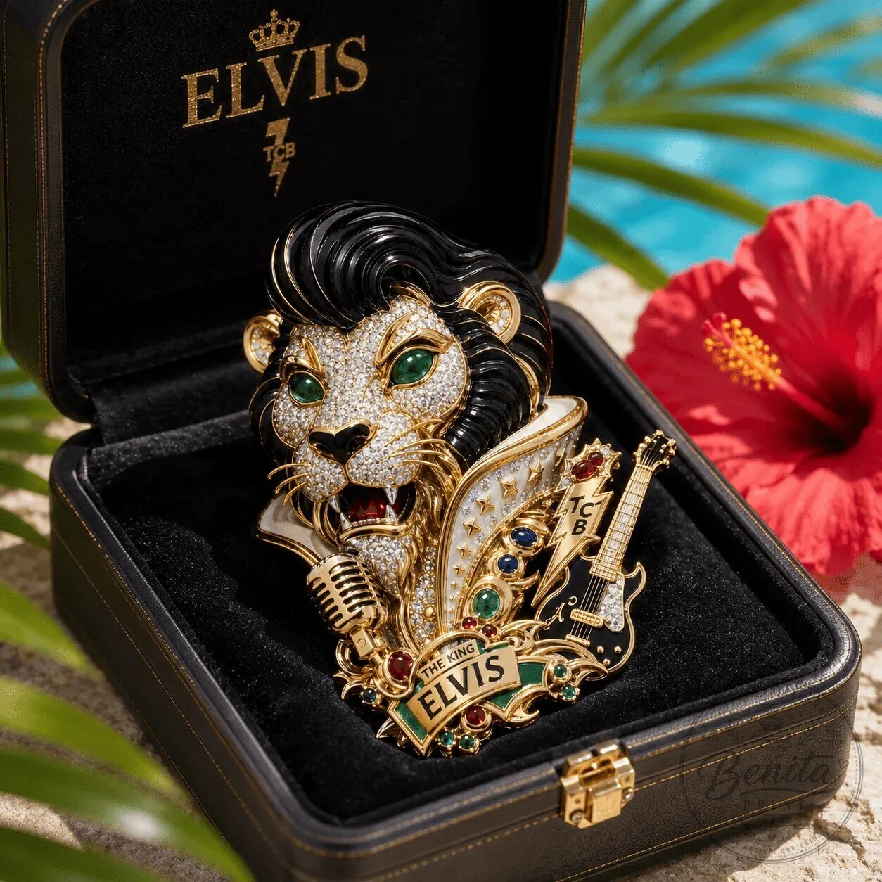 Gold Tone Rhinestone Brooch Pin featuring Elvis Presley The King Lion Head Design