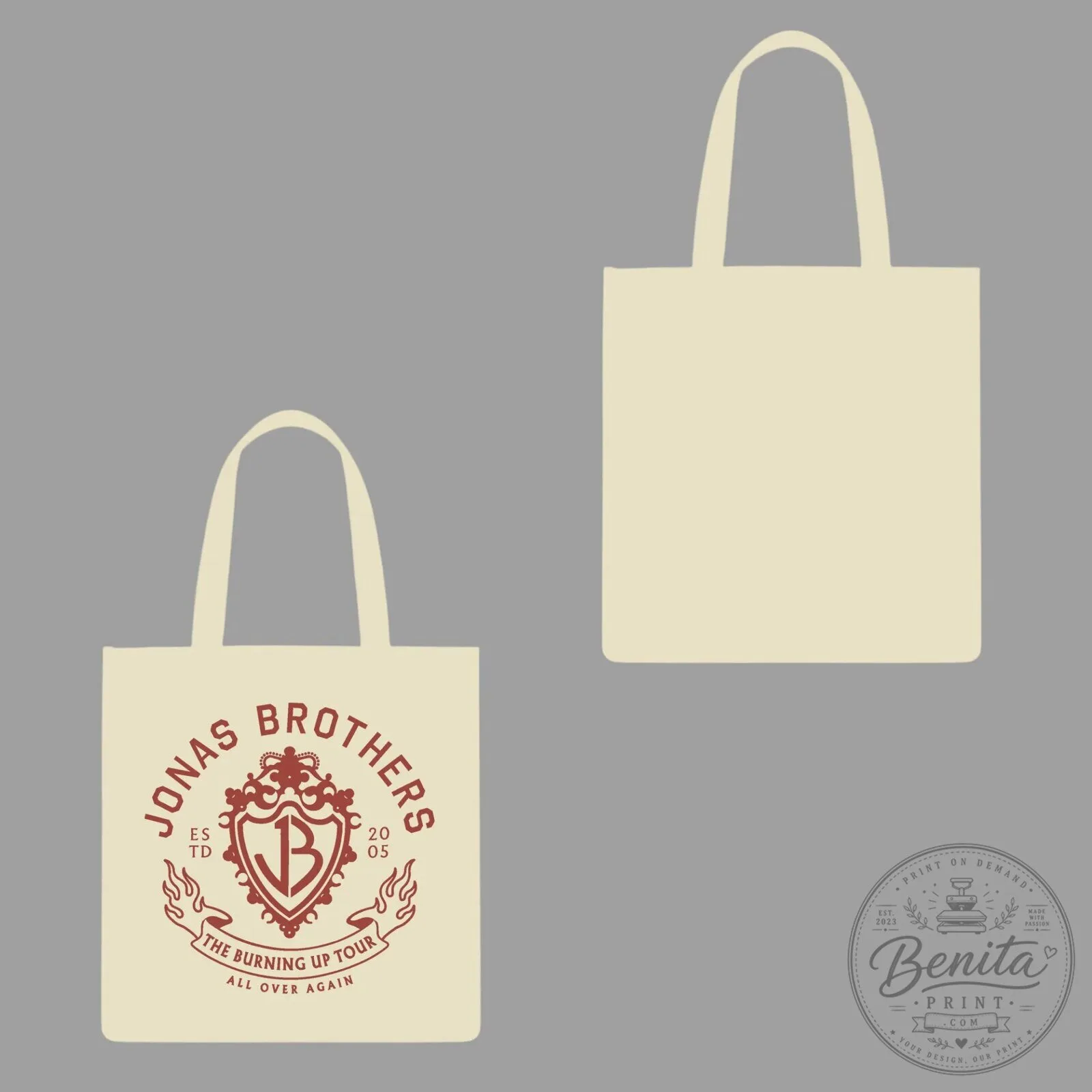 Tote Bag Featuring Jonas Brothers' Burning Up Tour All Over Again Music Band Design