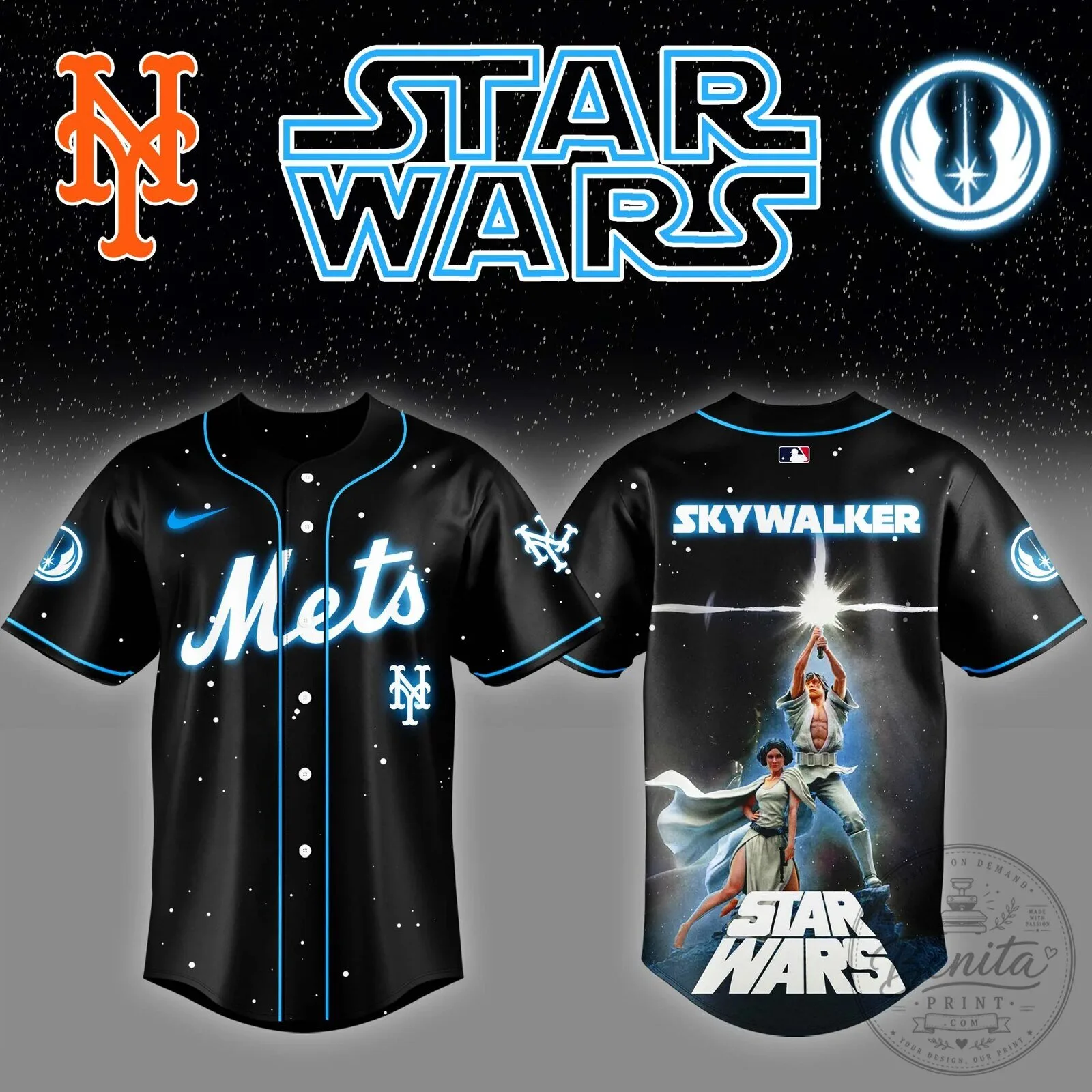 New York Mets Baseball Jersey featuring Luke Skywalker from Star Wars