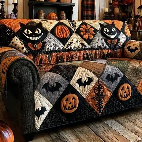 Halloween Grinning Cat and Pumpkin Patchwork Quilted Sofa Cover