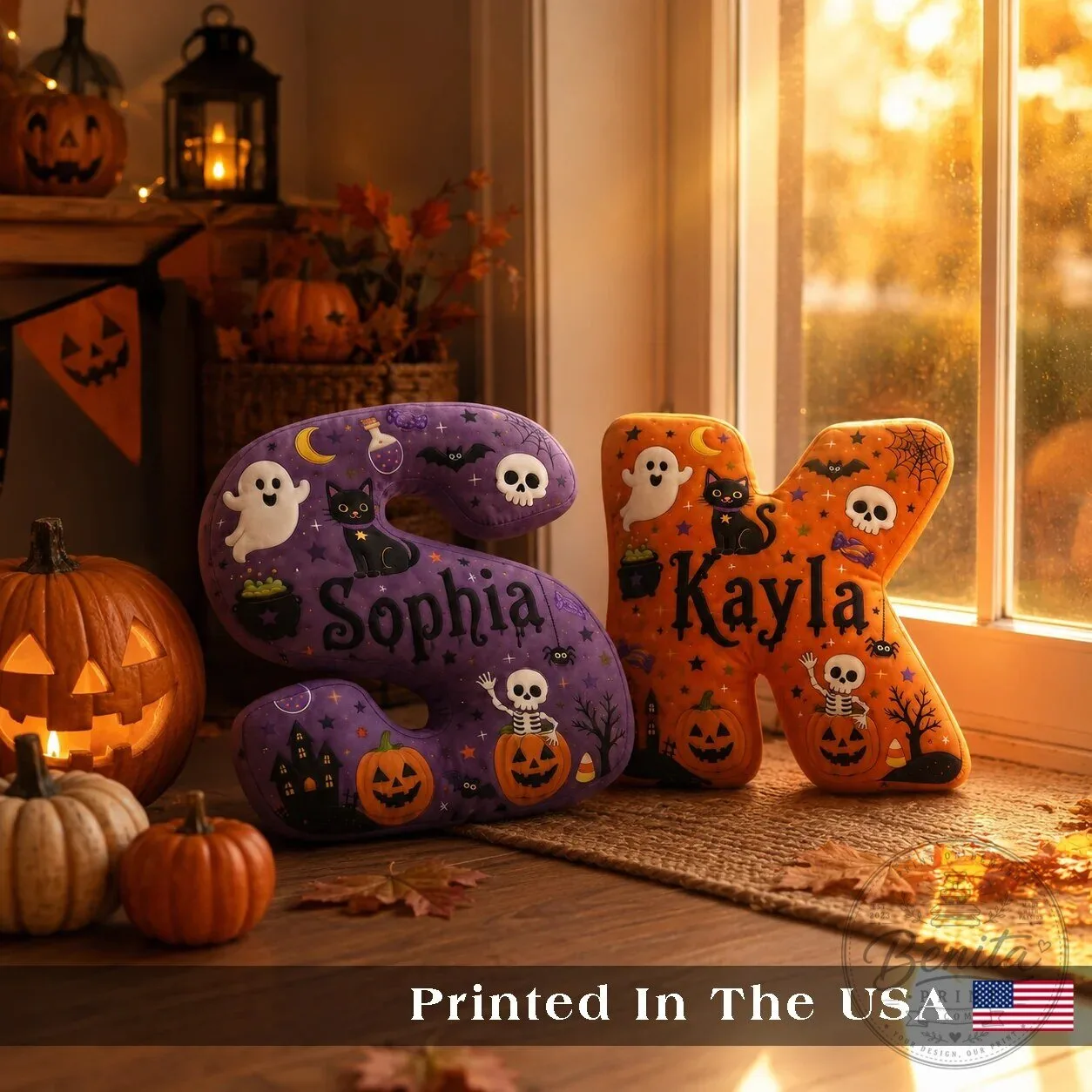 Personalized Halloween Initial Letter Plush Pillow with Custom Name