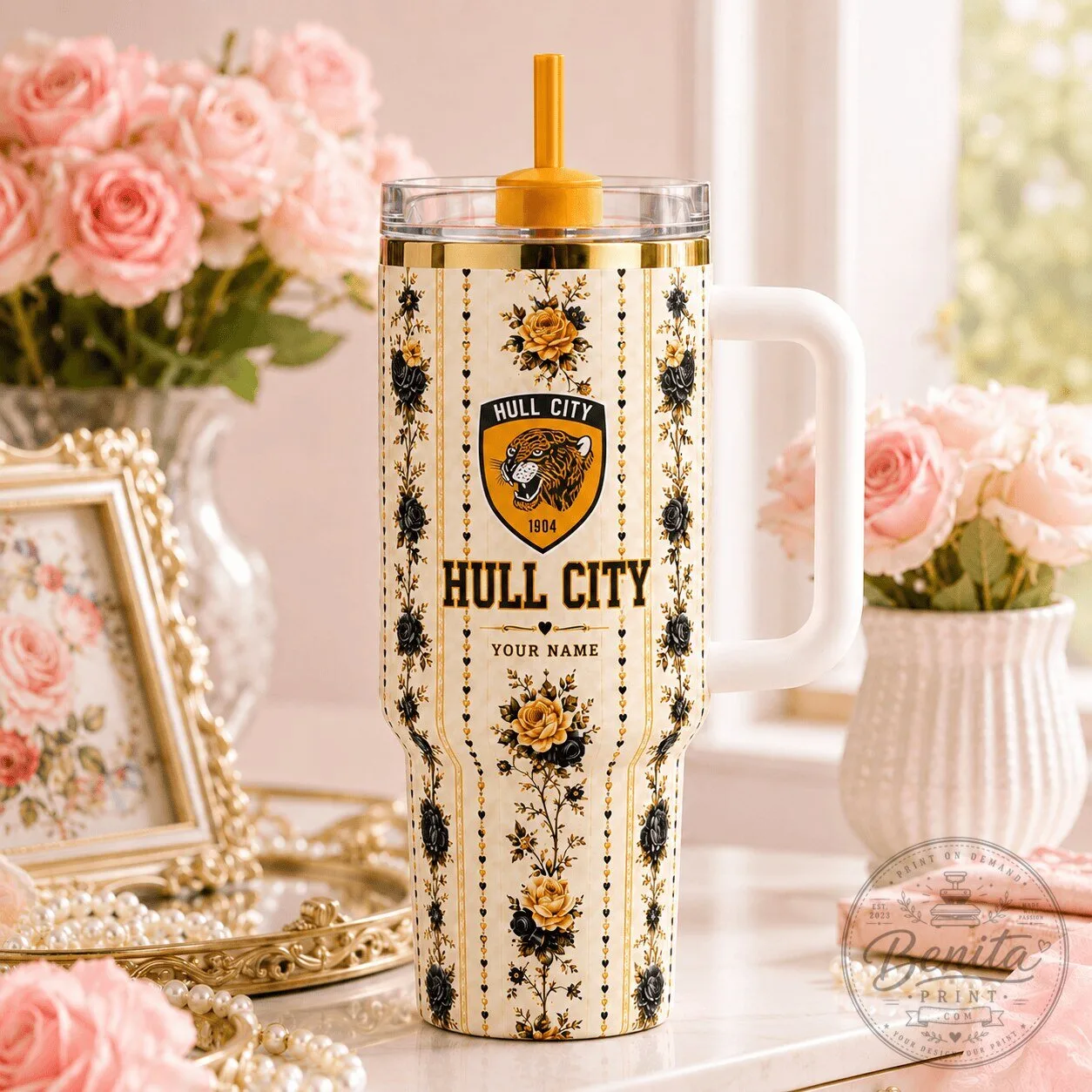 Hull City Football Club Floral Pattern Personalized Tumbler with Handle
