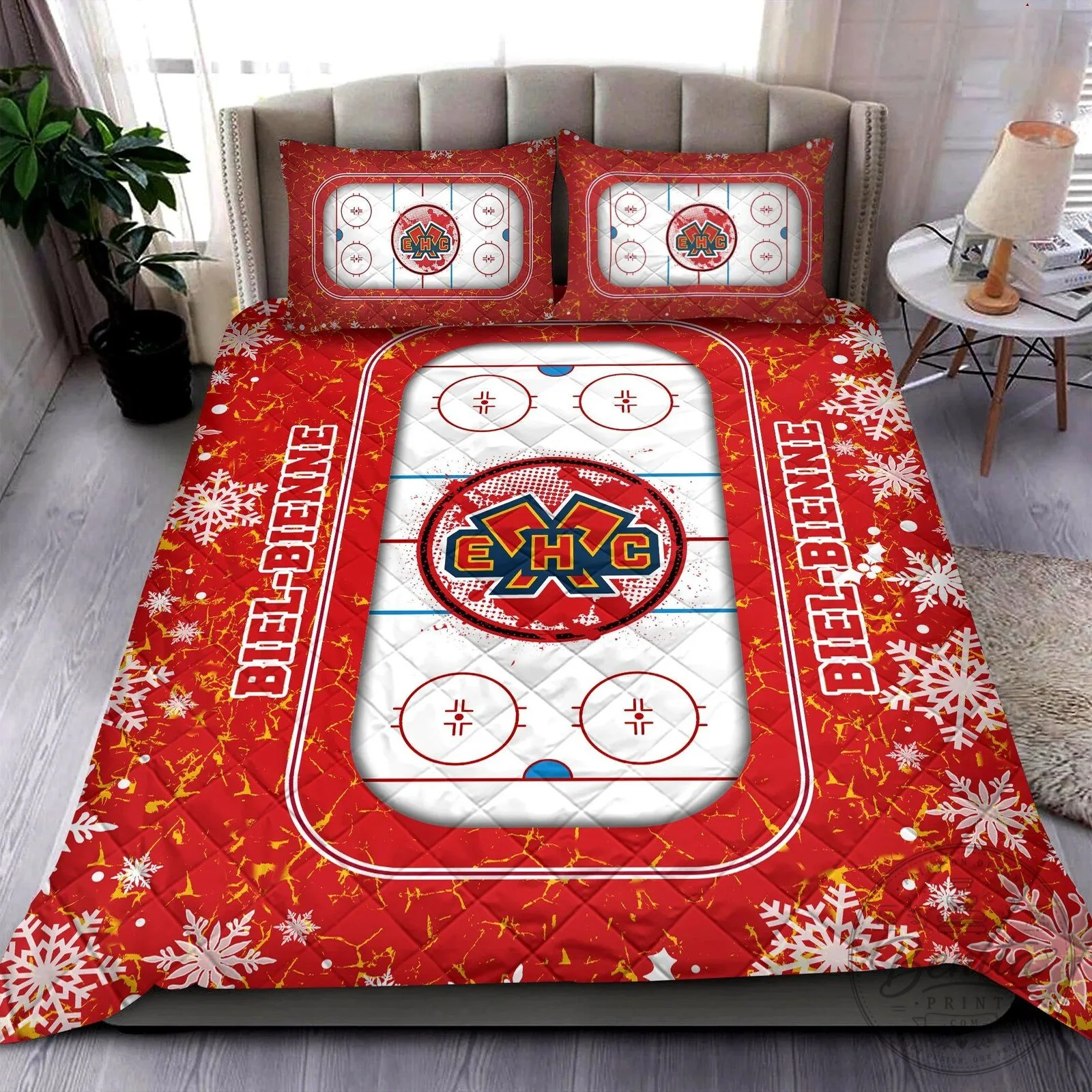 EHC Biel-Bienne Hockey Team Ice Rink and Snowflakes Bedding Set