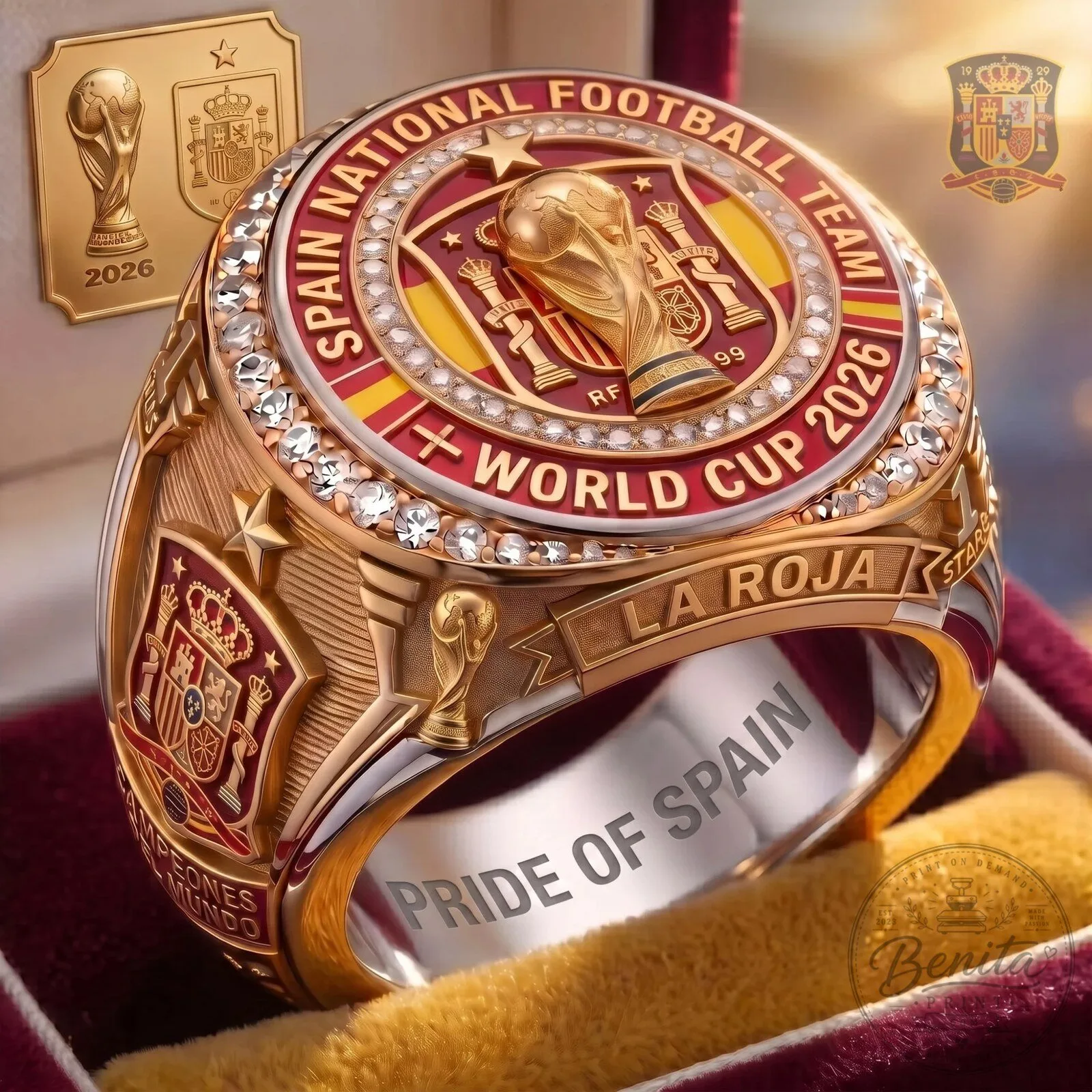 Limited Edition Spain National Football Team 2026 Wolrd Cup Champions Round Engraved Ring