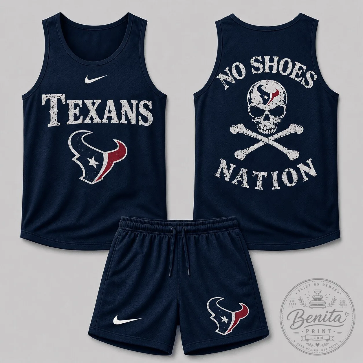 Houston Texans Skull Crossbones No Shoes Nation Tank Top and Shorts Set 2 Houston Texans Skull Crossbones No Shoes Nation Tank Top and Shorts Set