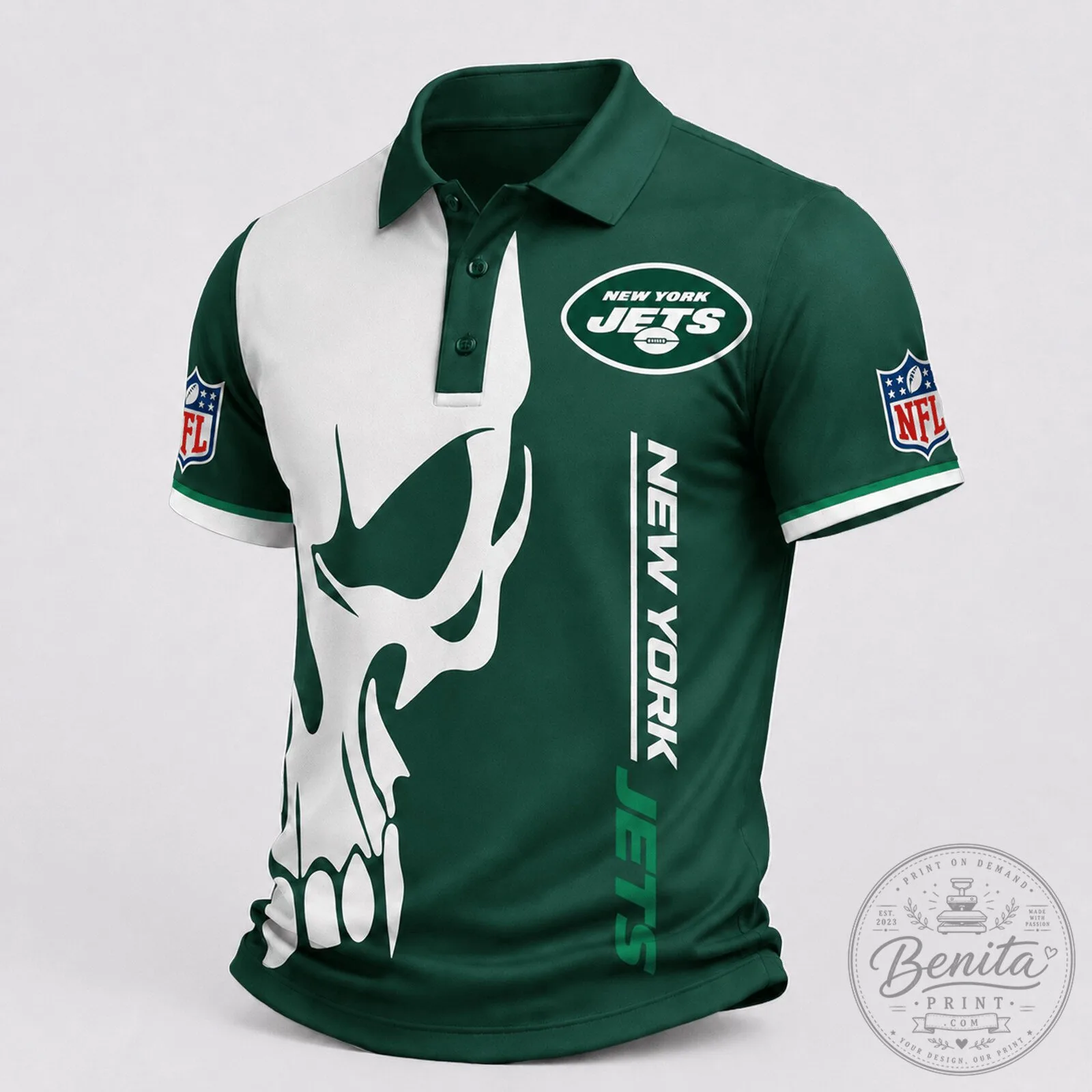 New York Jets NFL Skull Game Day Green and White Polo Shirt