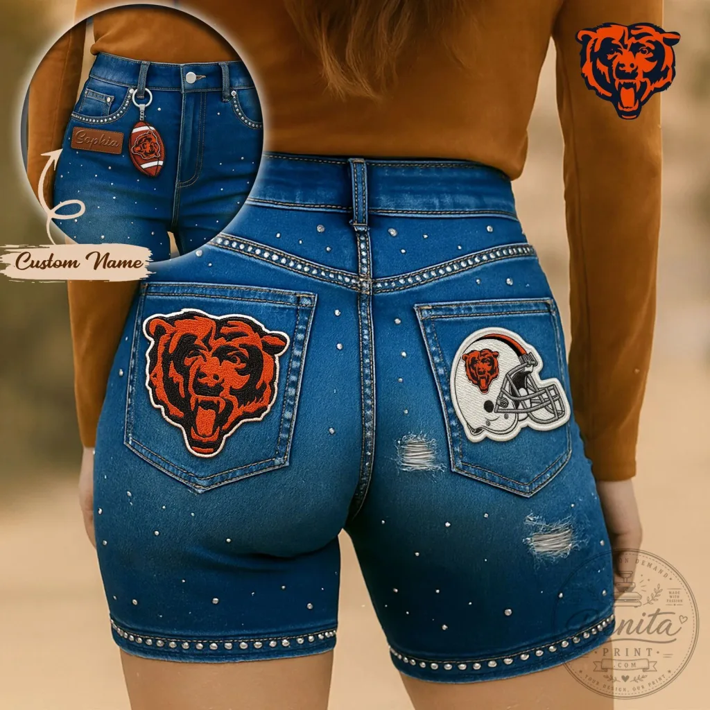 Chicago Bears NFL Team Logo High-Waisted Denim Biker Shorts with Rhinestones